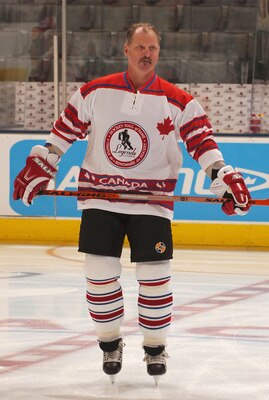 TORONTO - NOVEMBER 6:  Rod Langway #5 of the Canada Legends Team warms up agaisnt the Russia Legends Team during the Hockey Hall of Fame Legends of Hockey Game on November 6, 2005 at the Air Canada Centre in Toronto, Ontario, Canada. (Photo by Graig Abel/