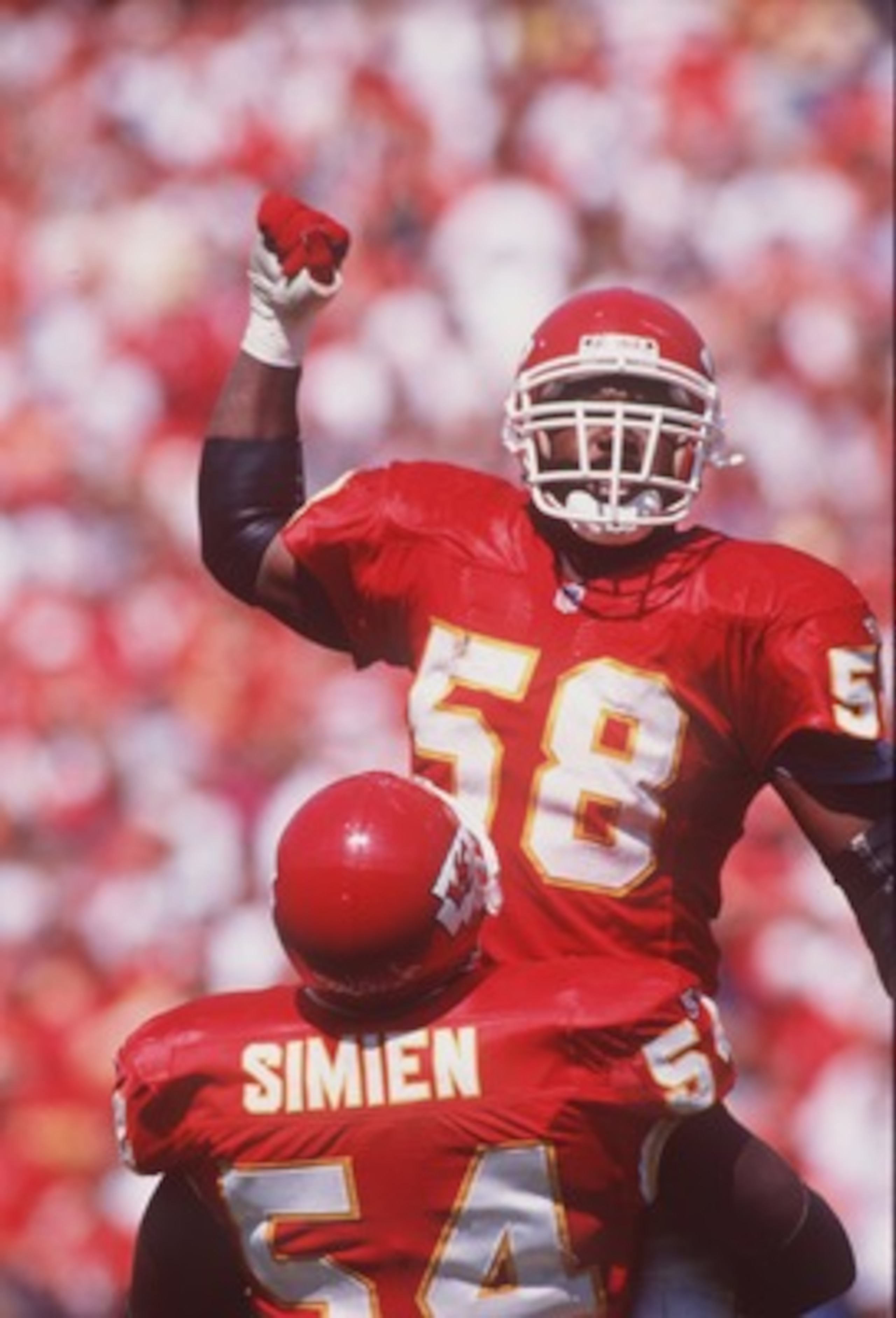 10 Sep 1995:  Linebacker Derrick Thomas of the Kansas City Chiefs celebrates during the Chiefs 21-17 win over the New York Giants at Arrowhead Stadium in Kansas City, Missouri.   Mandatory Credit: Jonathan Daniel/ALLSPORT
