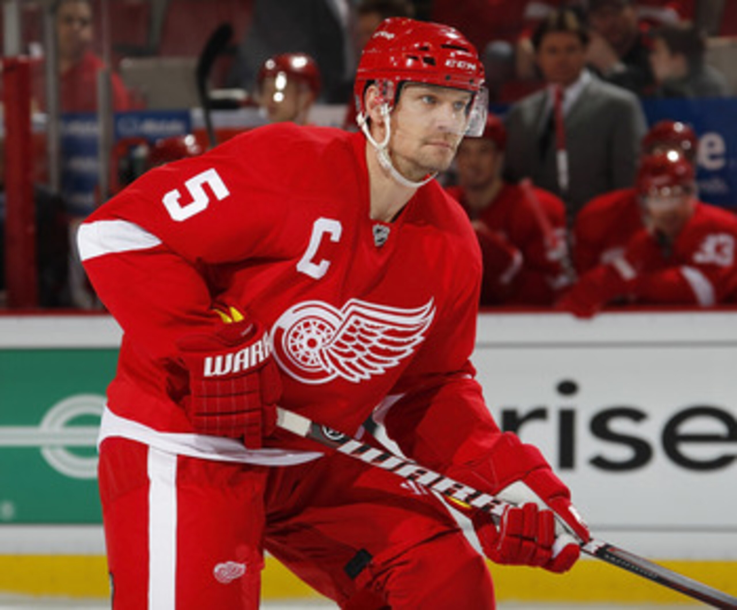 DETROIT, MI - APRIL 16: Nicklas Lidstrom #5 of the Detroit Red Wings looks on the Phoenix Coyotes in Game Two of the Western Conference Quarterfinals during the 2011 Stanley Cup Playoffs at Joe Louis Arena on April 16, 2011 in Detroit, Michigan. (Photo b DETROIT, MI - APRIL 16: Nicklas Lidstrom #5 of the Detroit Red Wings looks on the Phoenix Coyotes in Game Two of the Western Conference Quarterfinals during the 2011 Stanley Cup Playoffs at Joe Louis Arena on April 16, 2011 in Detroit, Michigan. (Photo b