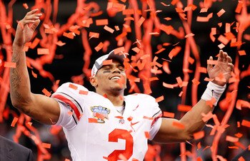 NEW ORLEANS, LA - JANUARY 04:  Terrelle Pryor #2 of the Ohio State Buckeyes celebrates the Buckeyes 31-26 victory against the Arkansas Razorbacks during the Allstate Sugar Bowl at the Louisiana Superdome on January 4, 2011 in New Orleans, Louisiana.  (Pho