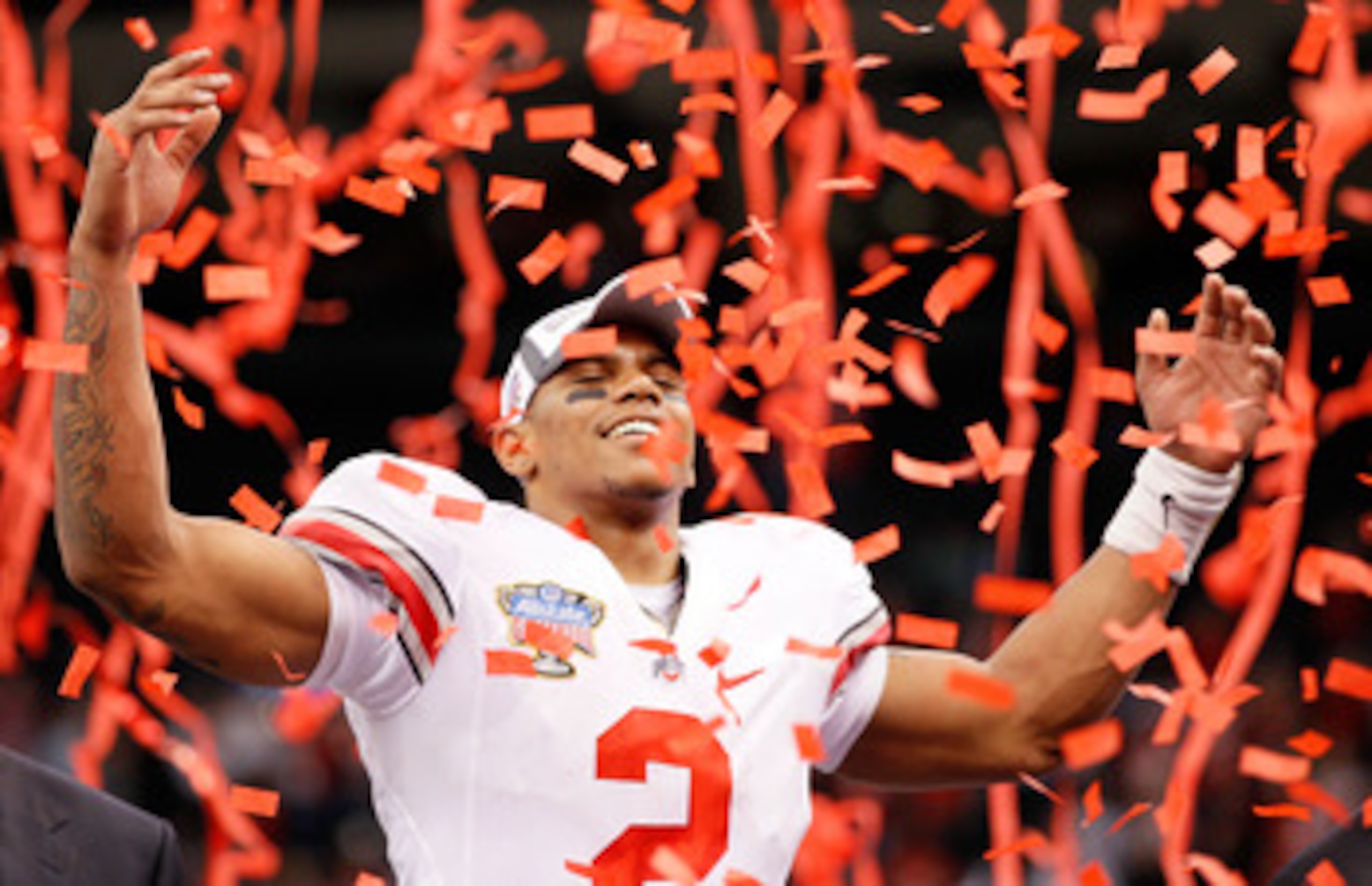 NEW ORLEANS, LA - JANUARY 04:  Terrelle Pryor #2 of the Ohio State Buckeyes celebrates the Buckeyes 31-26 victory against the Arkansas Razorbacks during the Allstate Sugar Bowl at the Louisiana Superdome on January 4, 2011 in New Orleans, Louisiana.  (Pho