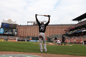 BALTIMORE, MD - JUNE 05:  Jose Bautista #19 of the Toronto Blue Jays waits to bat against the Baltimore Orioles at Oriole Park at Camden Yards on June 5, 2011 in Baltimore, Maryland.  (Photo by Rob Carr/Getty Images)
