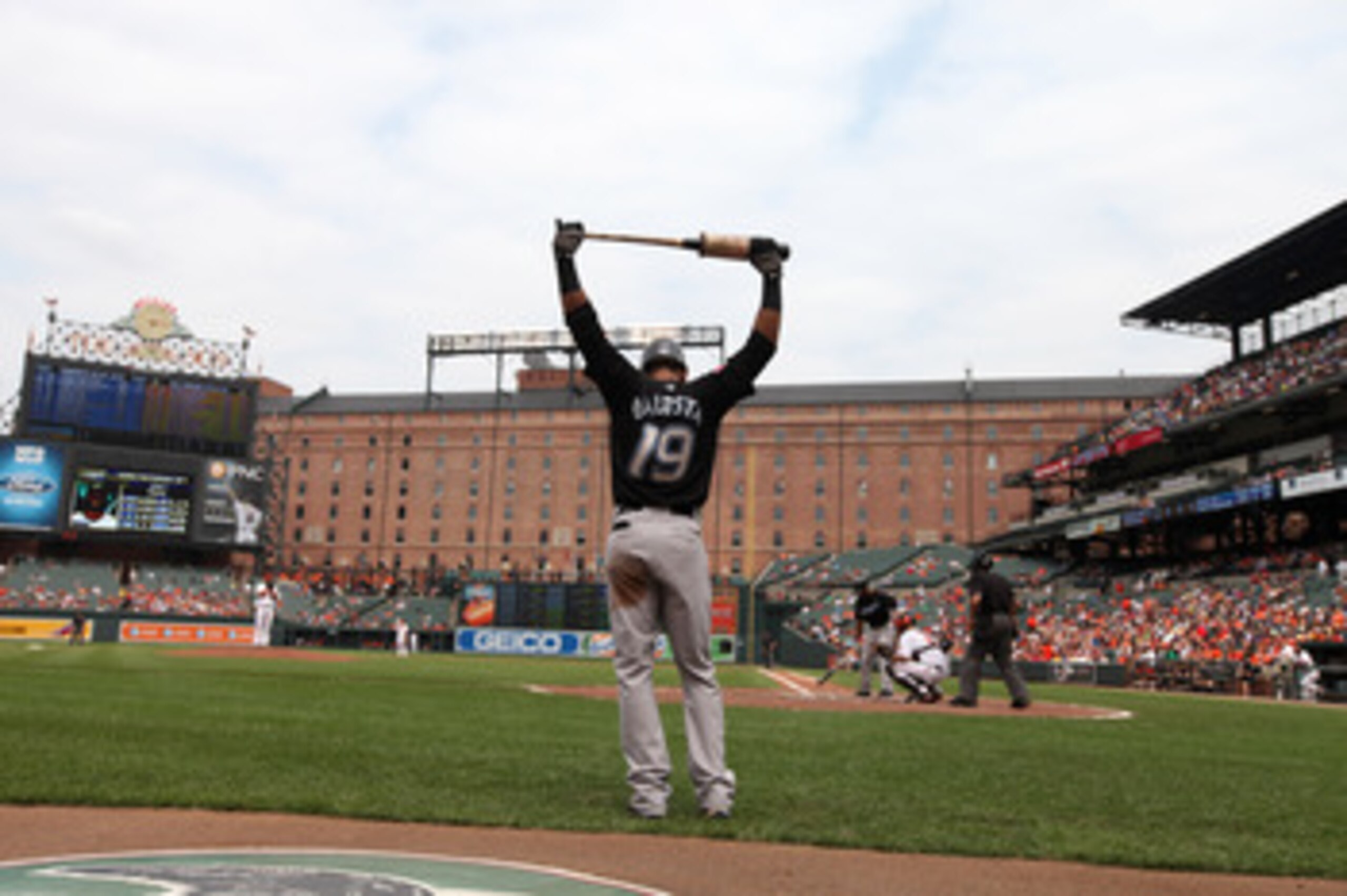 BALTIMORE, MD - JUNE 05:  Jose Bautista #19 of the Toronto Blue Jays waits to bat against the Baltimore Orioles at Oriole Park at Camden Yards on June 5, 2011 in Baltimore, Maryland.  (Photo by Rob Carr/Getty Images)