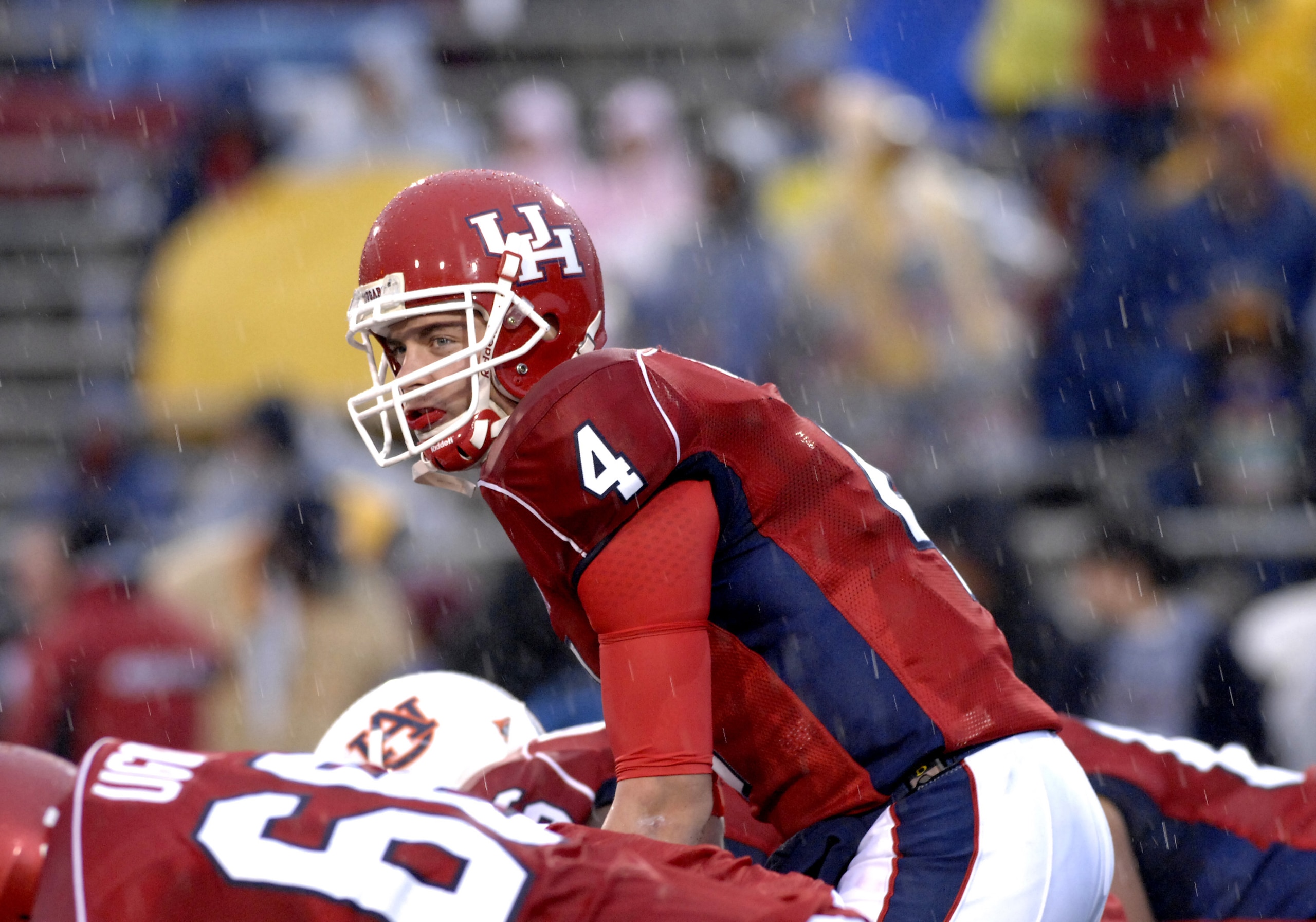 Houston quarterback Kevin Kolb calls a play in the rain for the South team at the 2007 Under Armour Senior Bowl in Mobile Jan. 27. (Photo by A. Messerschmidt/Getty Images) Houston quarterback Kevin Kolb calls a play in the rain for the South team at the 2007 Under Armour Senior Bowl in Mobile Jan. 27. (Photo by A. Messerschmidt/Getty Images)