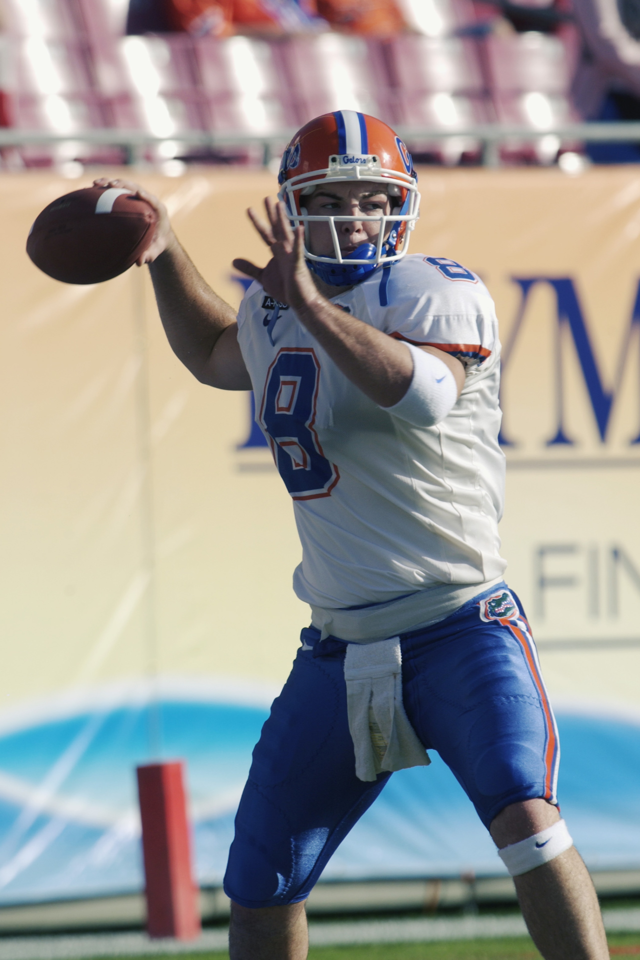 TAMPA, FL - JANUARY 1: Quarterback Rex Grossman #8 of the Florida Gators throws a pass against the Michigan Wolverines during the Outback Bowl at Raymond James Stadium on January 1, 2003 in Tampa, Florida. The Wolverines defeated the Gators 38-30. (Pho TAMPA, FL - JANUARY 1: Quarterback Rex Grossman #8 of the Florida Gators throws a pass against the Michigan Wolverines during the Outback Bowl at Raymond James Stadium on January 1, 2003 in Tampa, Florida. The Wolverines defeated the Gators 38-30. (Pho