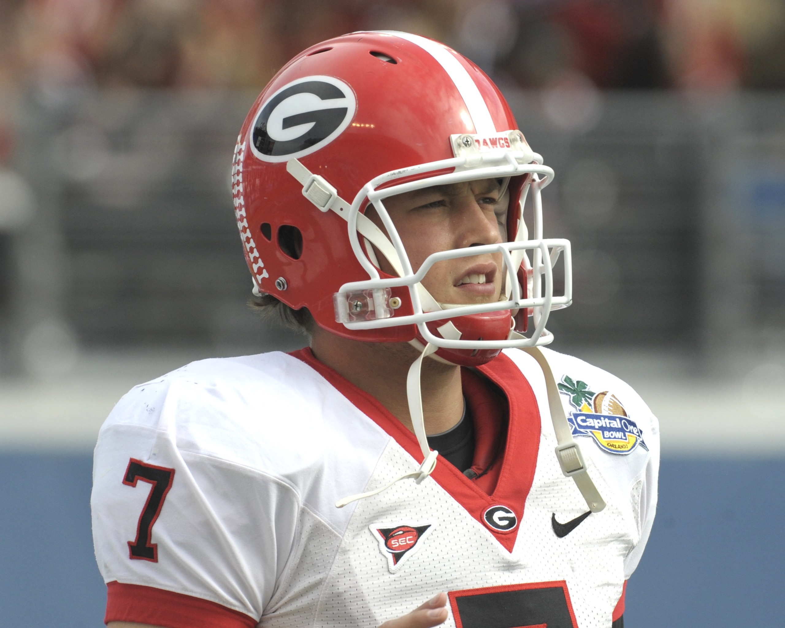 ORLANDO, FL - JANUARY 1: Quarterback Matthew Stafford #7 of the University of Georgia watches play against the Michigan State Spartans at the 2009 Capital One Bowl at the Citrus Bowl on January 1, 2009 in Orlando, Florida. (Photo by Al Messerschmidt/Gett ORLANDO, FL - JANUARY 1: Quarterback Matthew Stafford #7 of the University of Georgia watches play against the Michigan State Spartans at the 2009 Capital One Bowl at the Citrus Bowl on January 1, 2009 in Orlando, Florida. (Photo by Al Messerschmidt/Gett