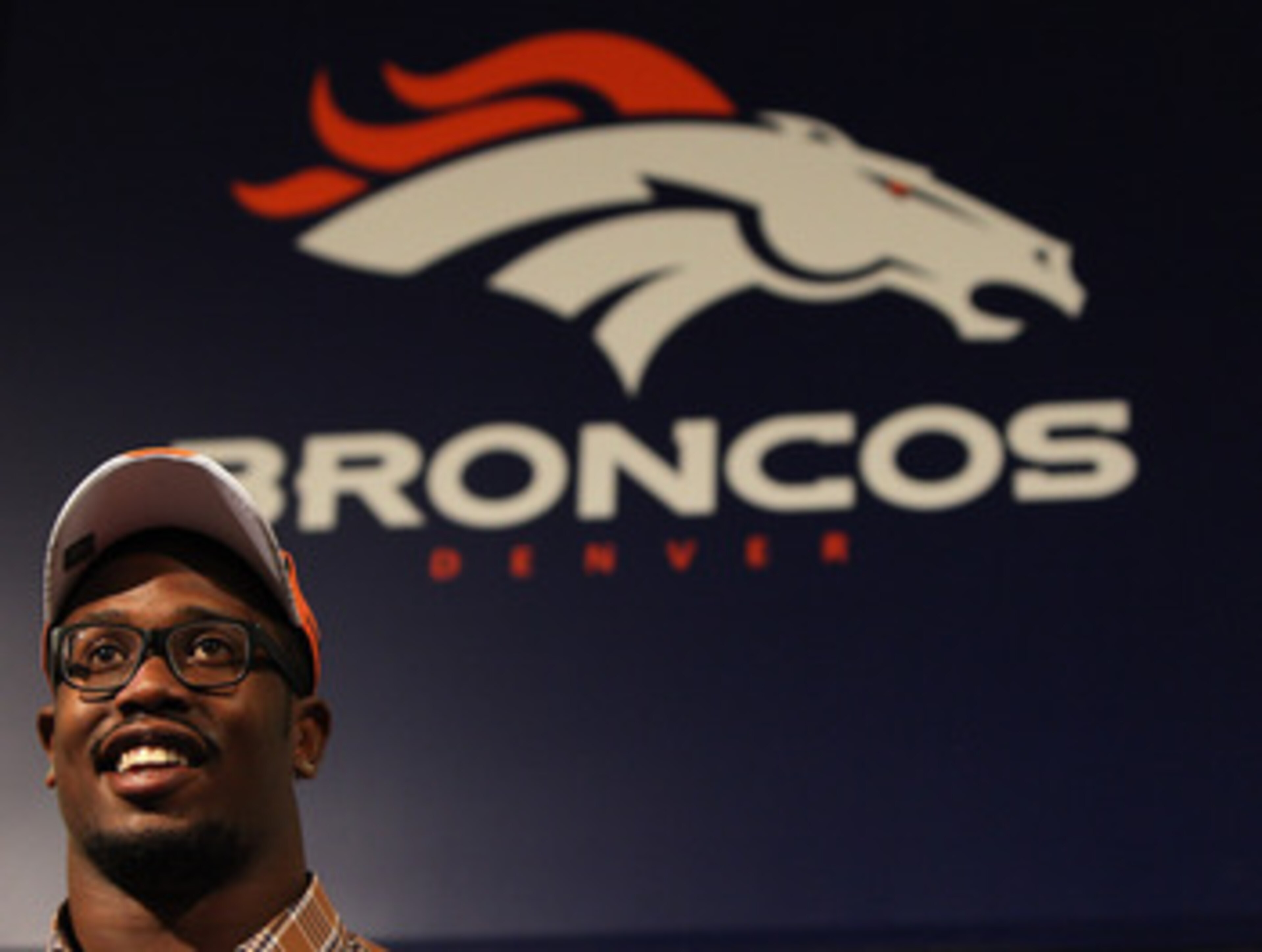 ENGLEWOOD, CO - APRIL 29:  Von Miller of the Denver Broncos speaks to the media at Dove Valley on April 29, 2011 in Englewood, Colorado. Miller, a projected outside linebacker in head coach John Fox's new 4-3 scheme, was selected second overall from Texas