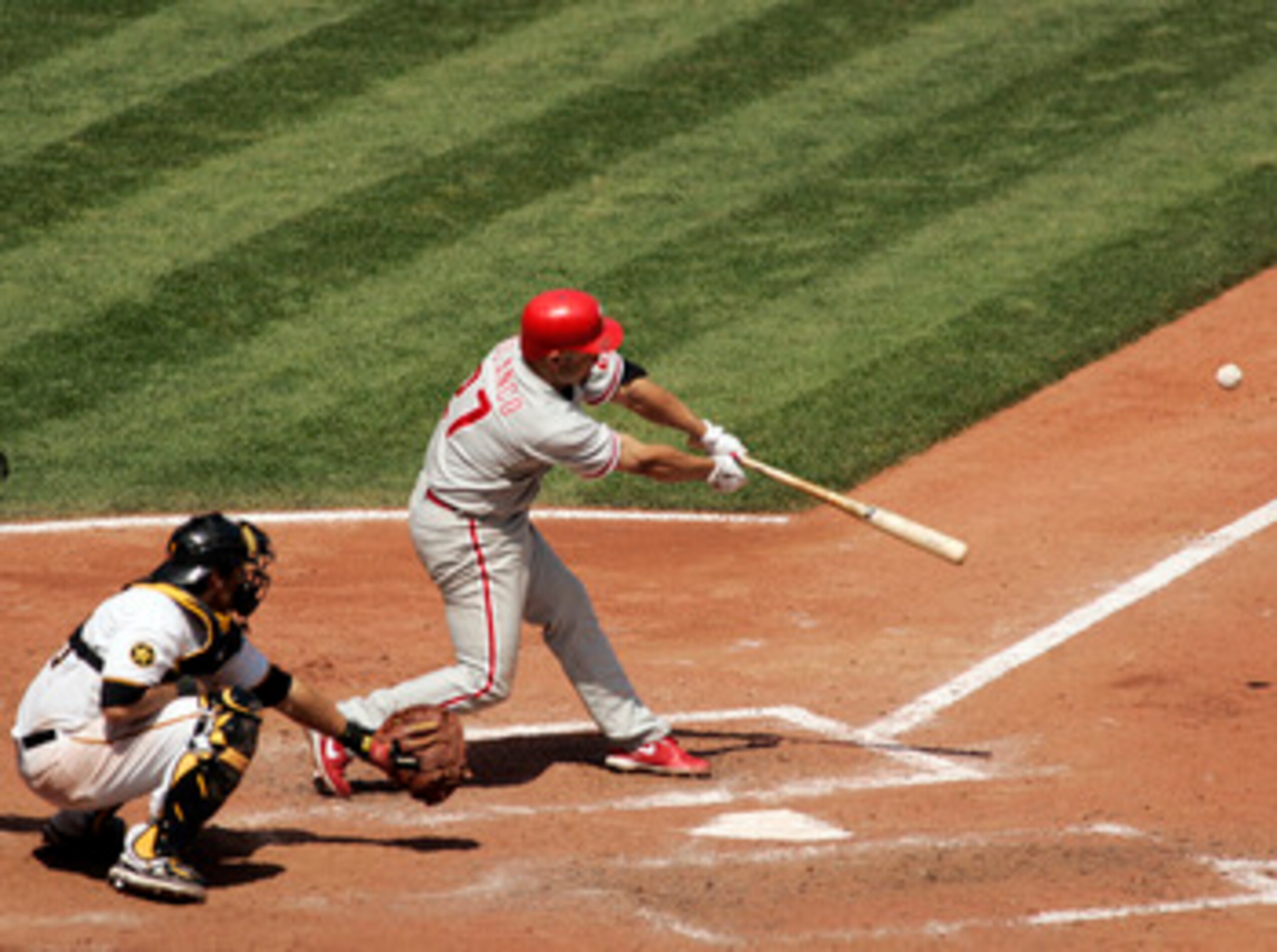 PITTSBURGH, PA - JUNE 05:  Placido Polanco #27 of the Philadelphia Phillies hits an RBI single against the Pittsburgh Pirates during the game on June 5, 2011 at PNC Park in Pittsburgh, Pennsylvania.  (Photo by Justin K. Aller/Getty Images)