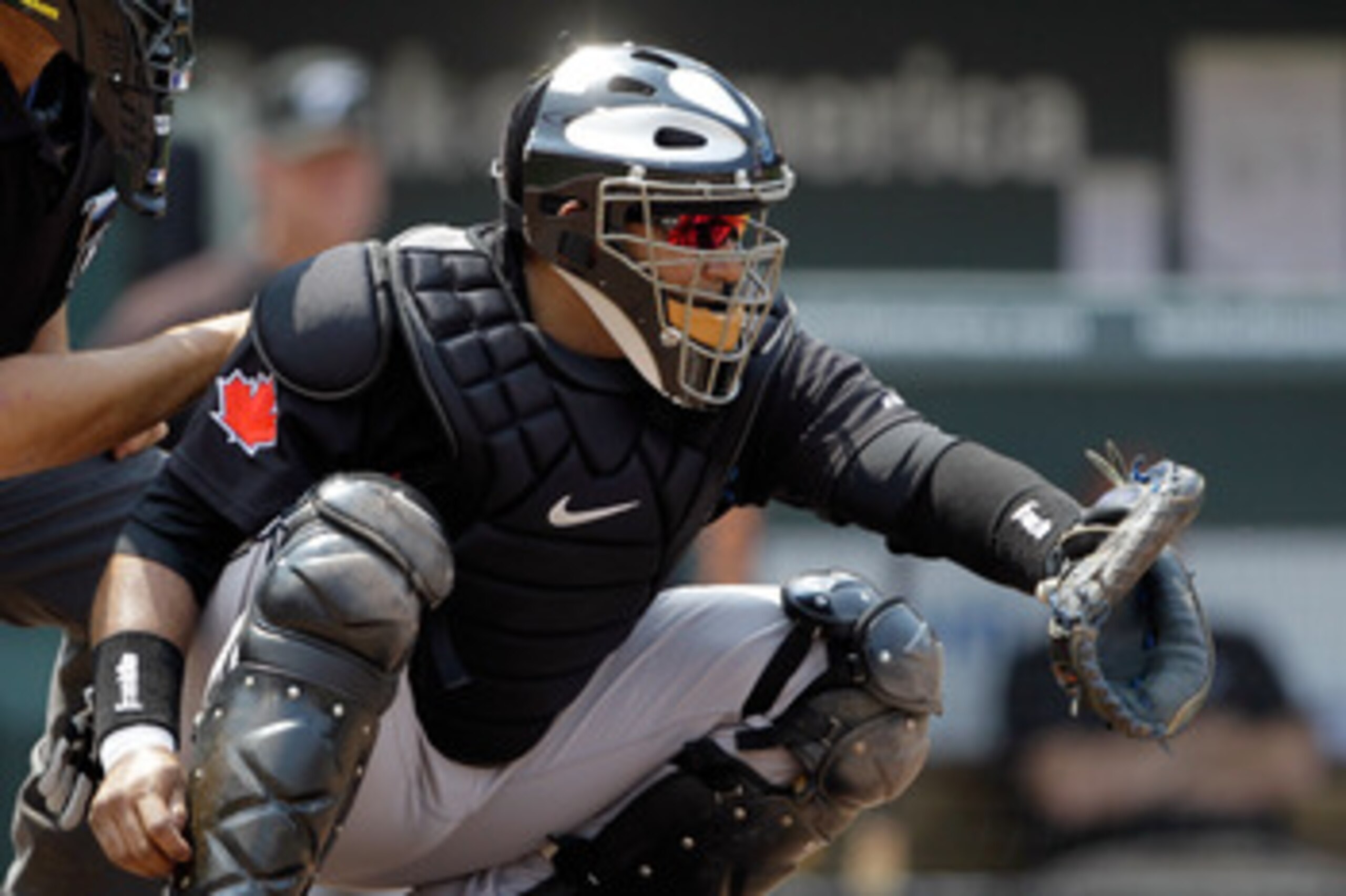 BALTIMORE, MD - JUNE 05:  Catcher Jose Molina #8 of the Toronto Blue Jays in action against the Baltimore Orioles at Oriole Park at Camden Yards on June 5, 2011 in Baltimore, Maryland.  (Photo by Rob Carr/Getty Images)