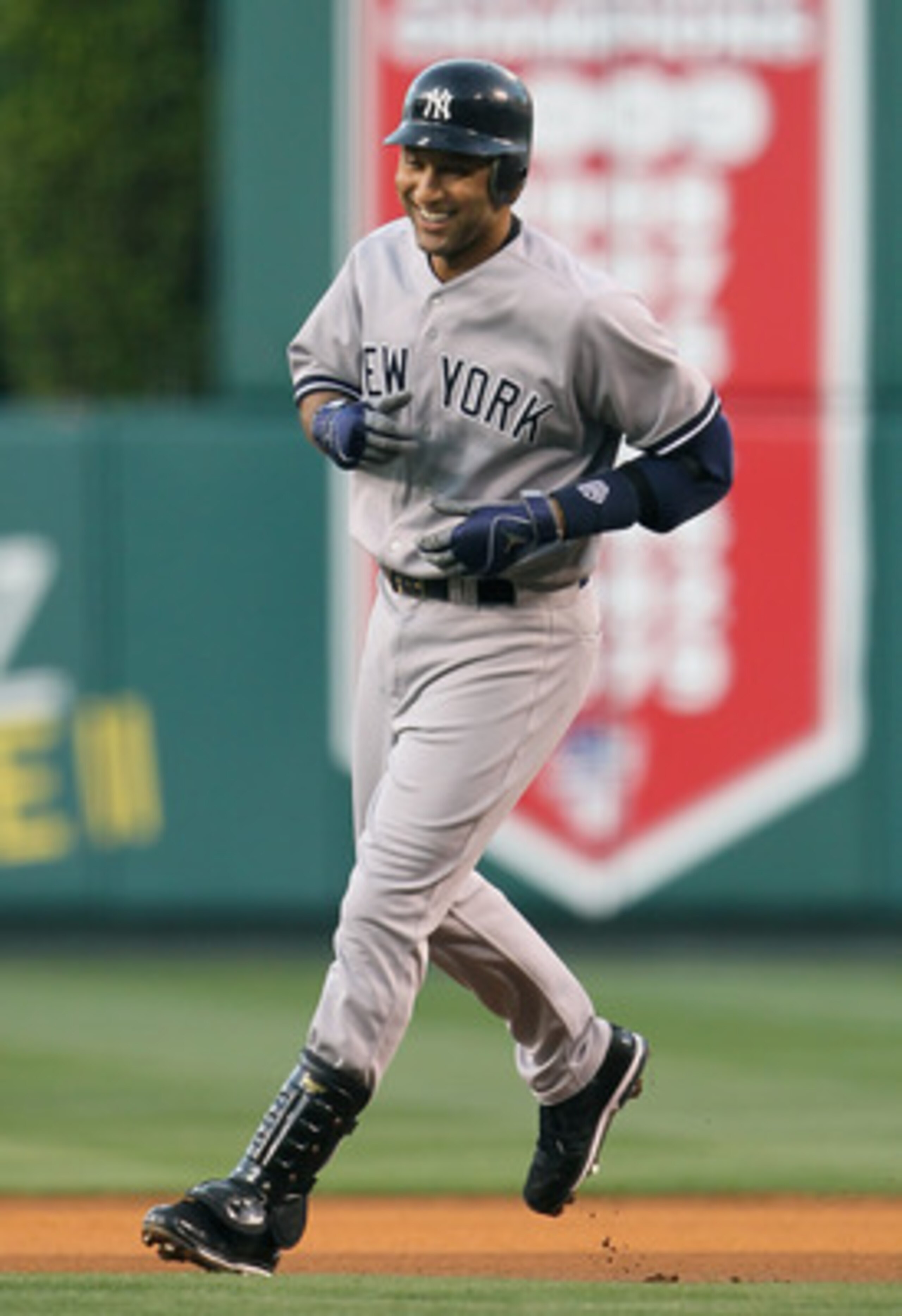 ANAHEIM, CA - JUNE 03:  Derek Jeter #2 of the New York Yankees shares a laugh with Los Angeles Angels of Anaheim pitcher Jered Weaver (not pictured) after fouling off a number of pitches in the first inning at Angel Stadium of Anaheim on June 3, 2011 in A