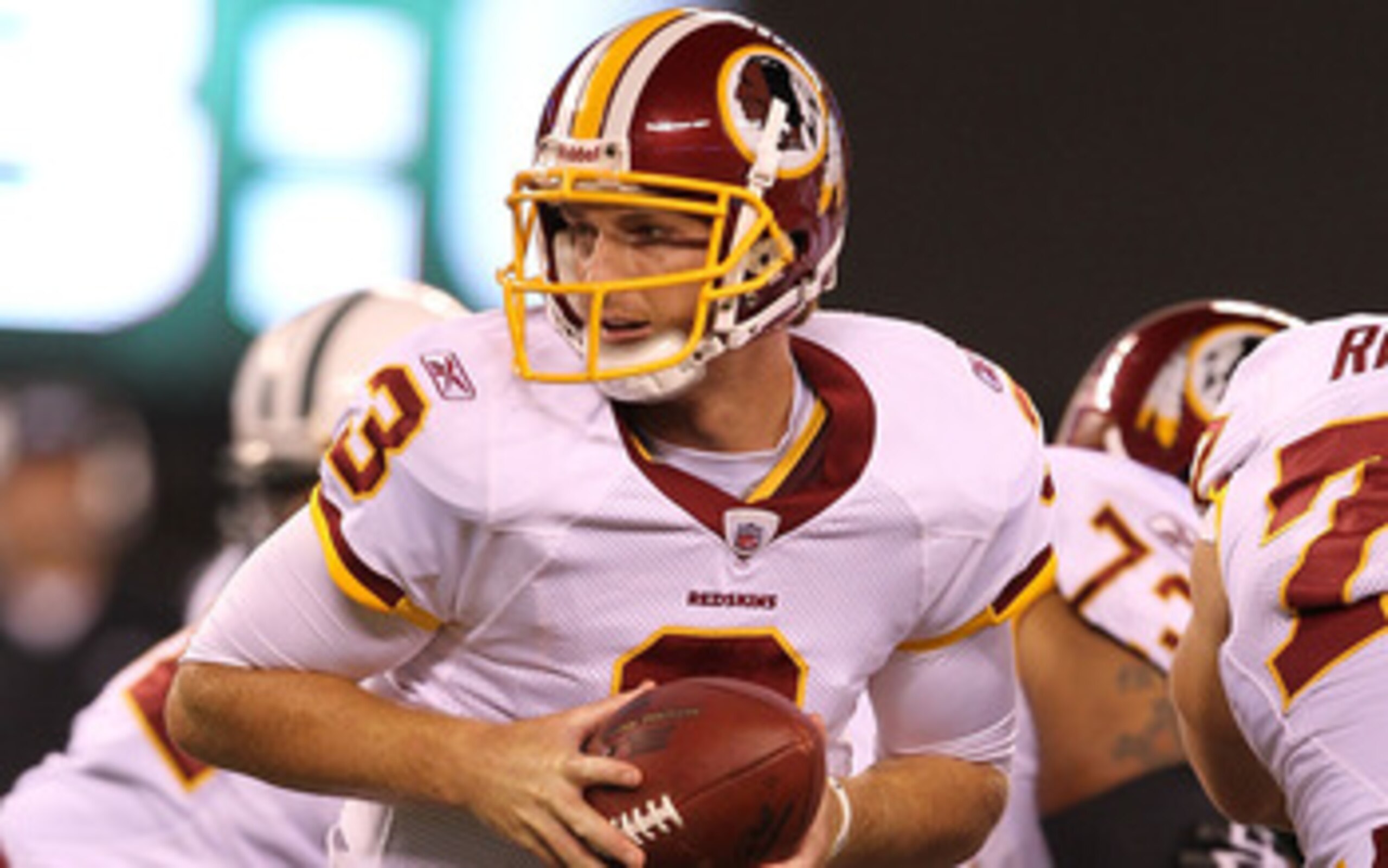 EAST RUTHERFORD, NJ - AUGUST 27:  John Beck #3 of the Washington Redskins  in action against  the New York Jets during their preseason game on August 27, 2010 at the New Meadowlands Stadium  in East Rutherford, New Jersey.  (Photo by Al Bello/Getty Images