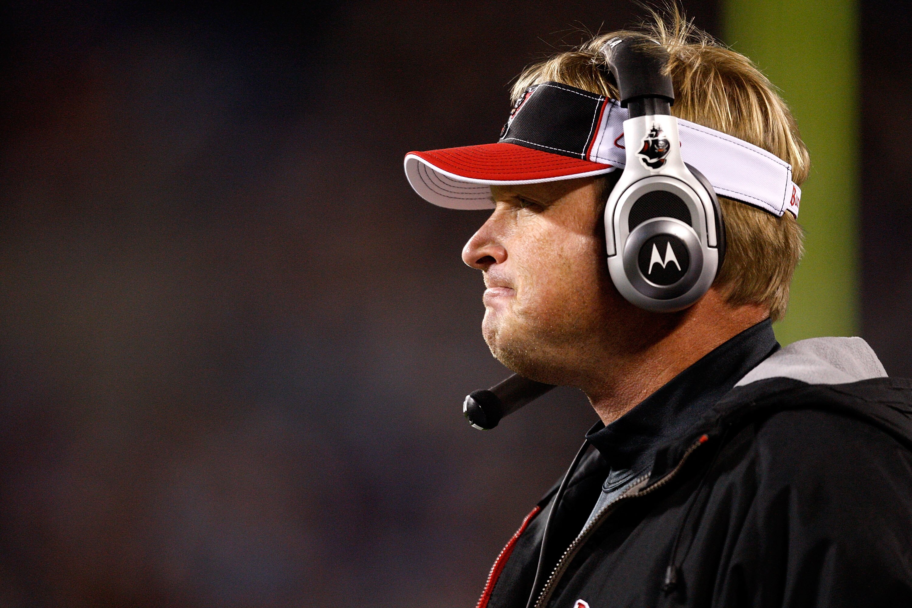CHARLOTTE, NC - DECEMBER 08:  Head coach Jon Gruden of the Tampa Bay Buccaneers watches during a game against the Carolina Panthers at Bank of America Stadium on December 8, 2008 in Charlotte, North Carolina  (Photo by Streeter Lecka/Getty Images)