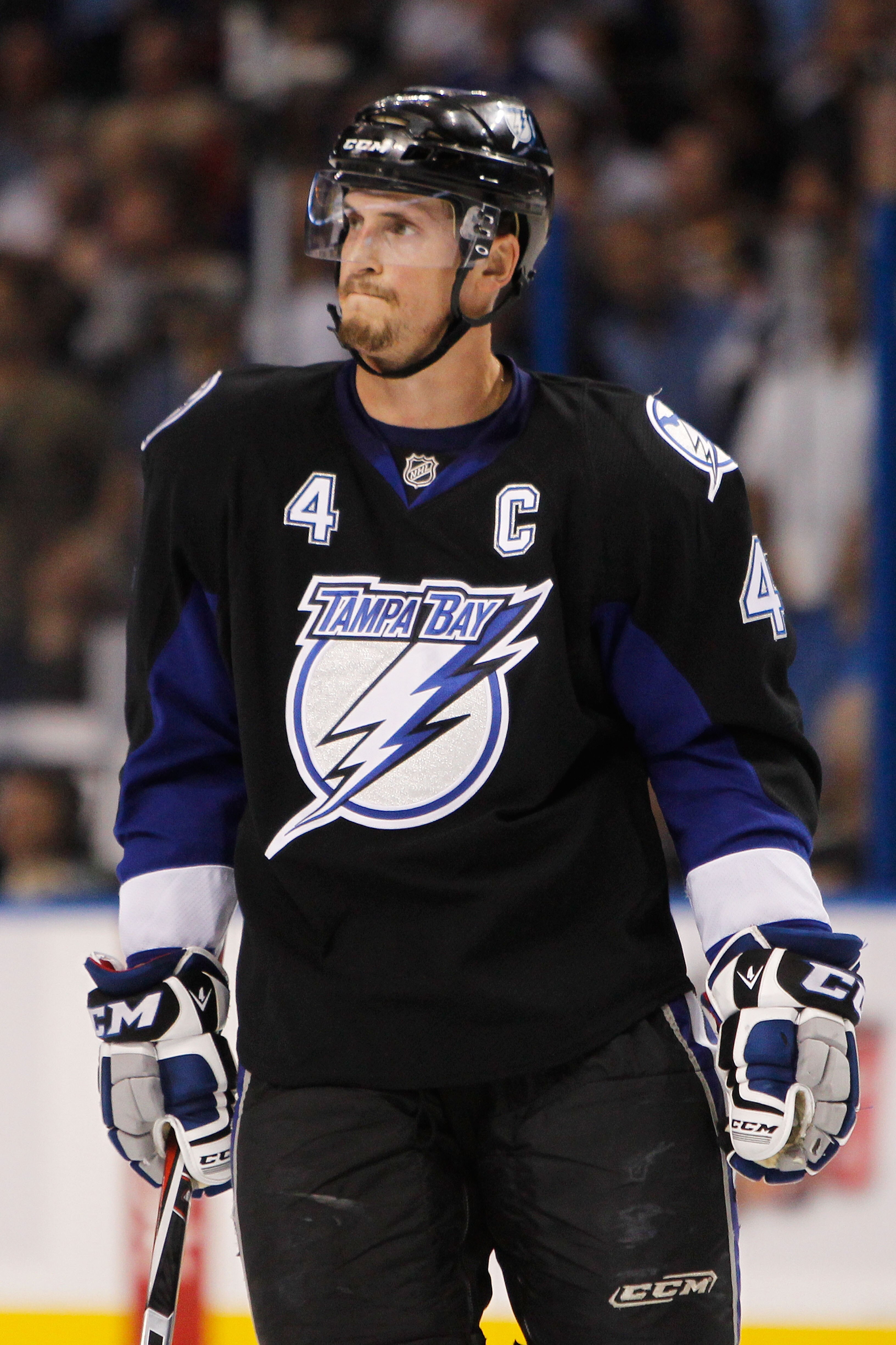 TAMPA, FL - MAY 19:  Vincent Lecavalier #4 of the Tampa Bay Lightning looks on in Game Three of the Eastern Conference Finals against the Boston Bruins during the 2011 NHL Stanley Cup Playoffs at St Pete Times Forum on May 19, 2011 in Tampa, Florida.  (Ph