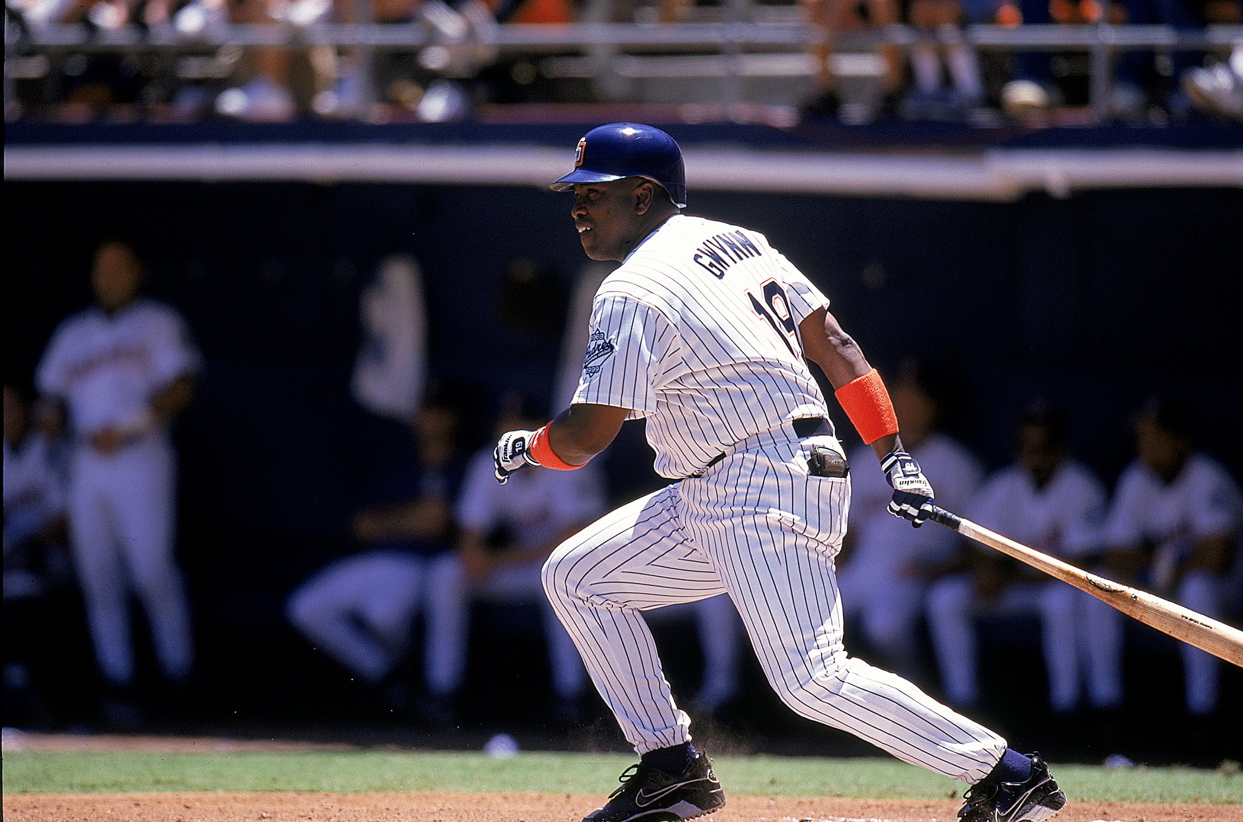 1 Aug 1999:  Tony Gwynn #19 of the San Diego Padres drops the bat to run during the game against the Houston Astros at the Qualcomm Stadium in San Diego, California. The Padres defeated the Astros 10-3. Mandatory Credit: Tom Hauck  /Allsport