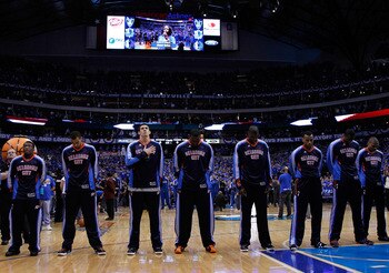 DALLAS, TX - MAY 17:  The Oklahoma City Thunder stand during the national anthem before taking on the Dallas Mavericks in Game One of the Western Conference Finals during the 2011 NBA Playoffs at American Airlines Center on May 17, 2011 in Dallas, Texas. 