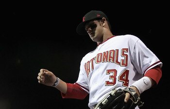 SCOTTSDALE, AZ - OCTOBER 20:  Washington Nationals prospect, Bryce Harper #34 playing for the Scottsdale Scorpions runs into the dugout during the AZ Fall League game against the Mesa Solar Sox at Scottsdale Stadium on October 20, 2010 in Scottsdale, Ariz
