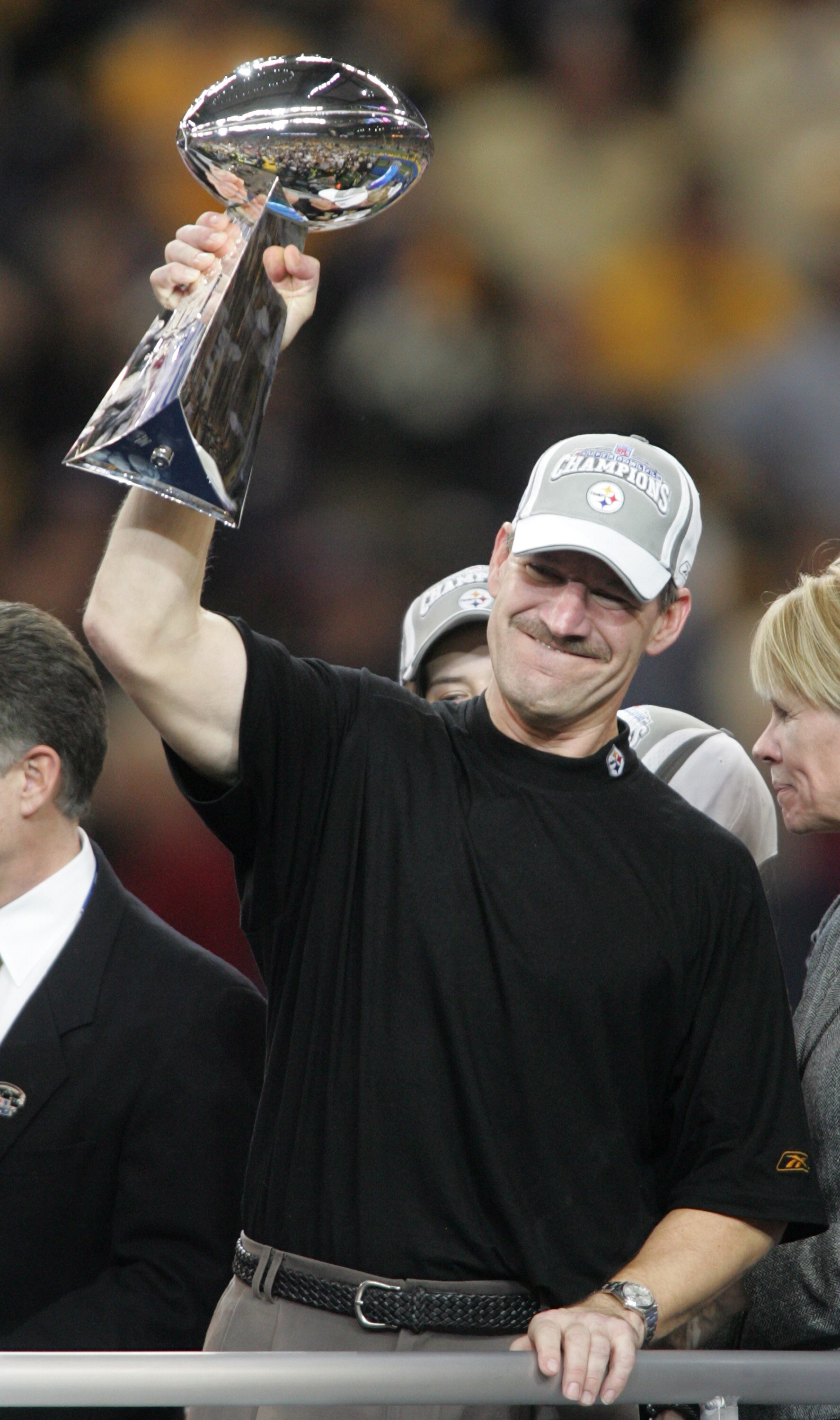 DETROIT - FEBRUARY 05: Head coach Bill Cowher of the Pittsburgh Steelers celebrates with the Vince Lombardi Tropy after defeating the Seattle Seahawks in Super Bowl XL at Ford Field on February 5, 2006 in Detroit, Michigan.The Steelers defeated the Seahaw