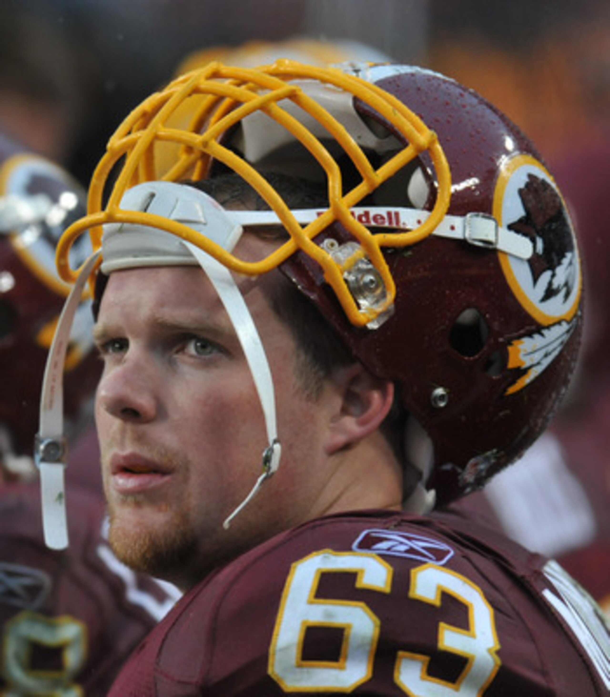 LANDOVER, MD - DECEMBER 12:  Will Montgomery #63 of the Washington Redskins watches the game from the bench during the game against the Tampa Bay Buccaneers  at FedExField on December 12, 2010 in Landover, Maryland. The Buccaneers defeated the Redskins 17