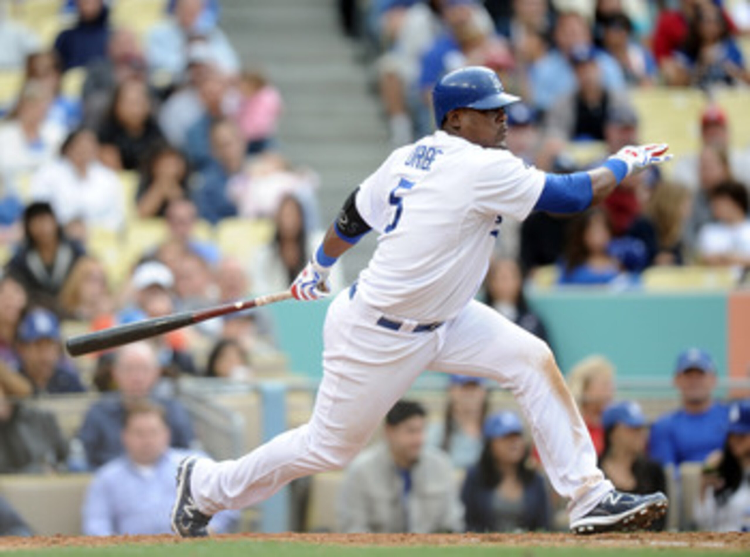 LOS ANGELES, CA - MAY 14: Juan Uribe #5 of the Los Angeles Dodgers strikesout at the plate against the Arizona Diamondbacks at Dodger Stadium on May 14, 2011 in Los Angeles, California. (Photo by Harry How/Getty Images) LOS ANGELES, CA - MAY 14: Juan Uribe #5 of the Los Angeles Dodgers strikesout at the plate against the Arizona Diamondbacks at Dodger Stadium on May 14, 2011 in Los Angeles, California. (Photo by Harry How/Getty Images)