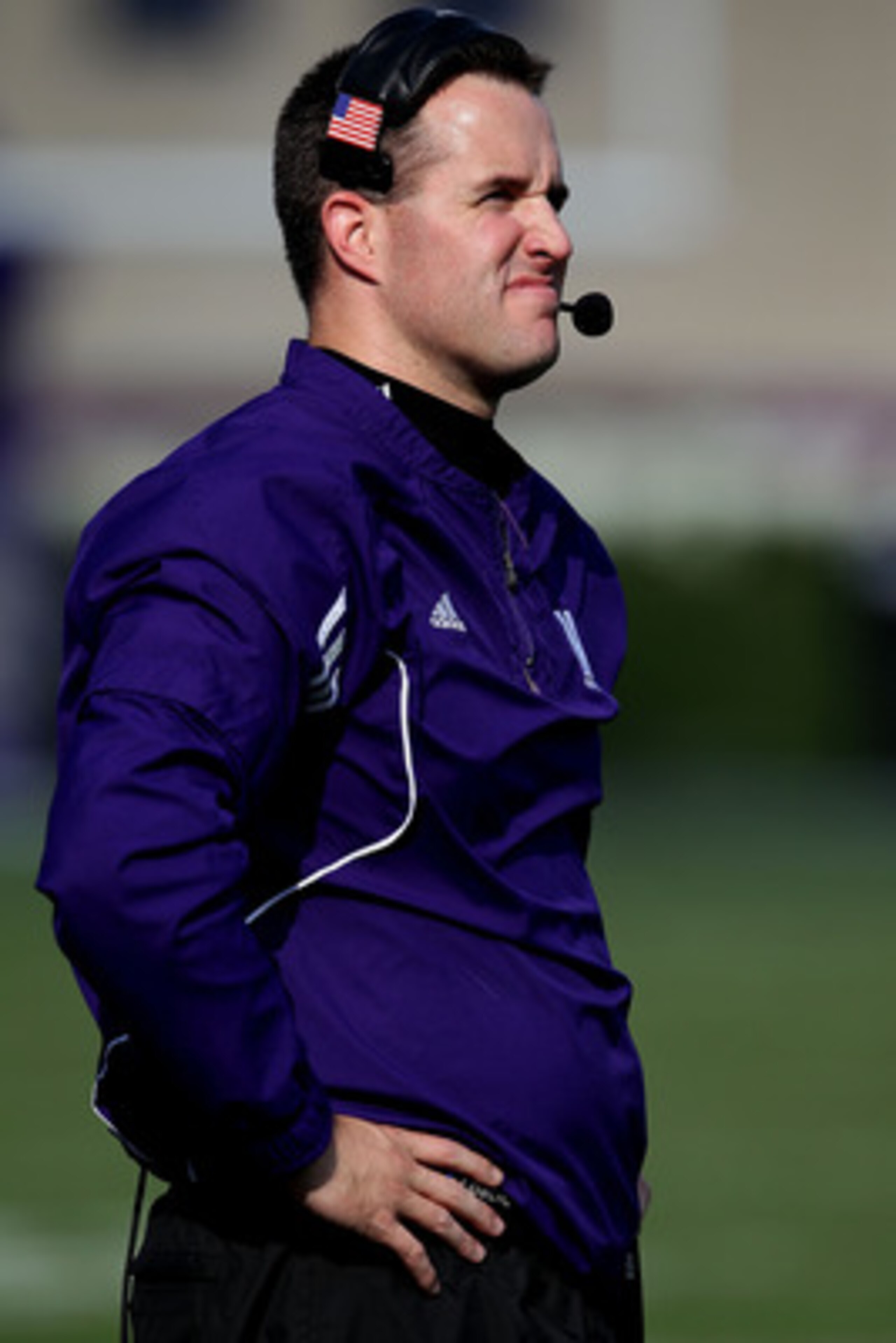 EVANSTON, IL - OCTOBER 23: Head coach Pat Fitzgerald of the Northwestern Wildcats watches as his team takes on the Michigan State Spartans at Ryan Field on October 23, 2010 in Evanston, Illinois. Michigan State defeated Northwestern 35-27.  (Photo by Jona