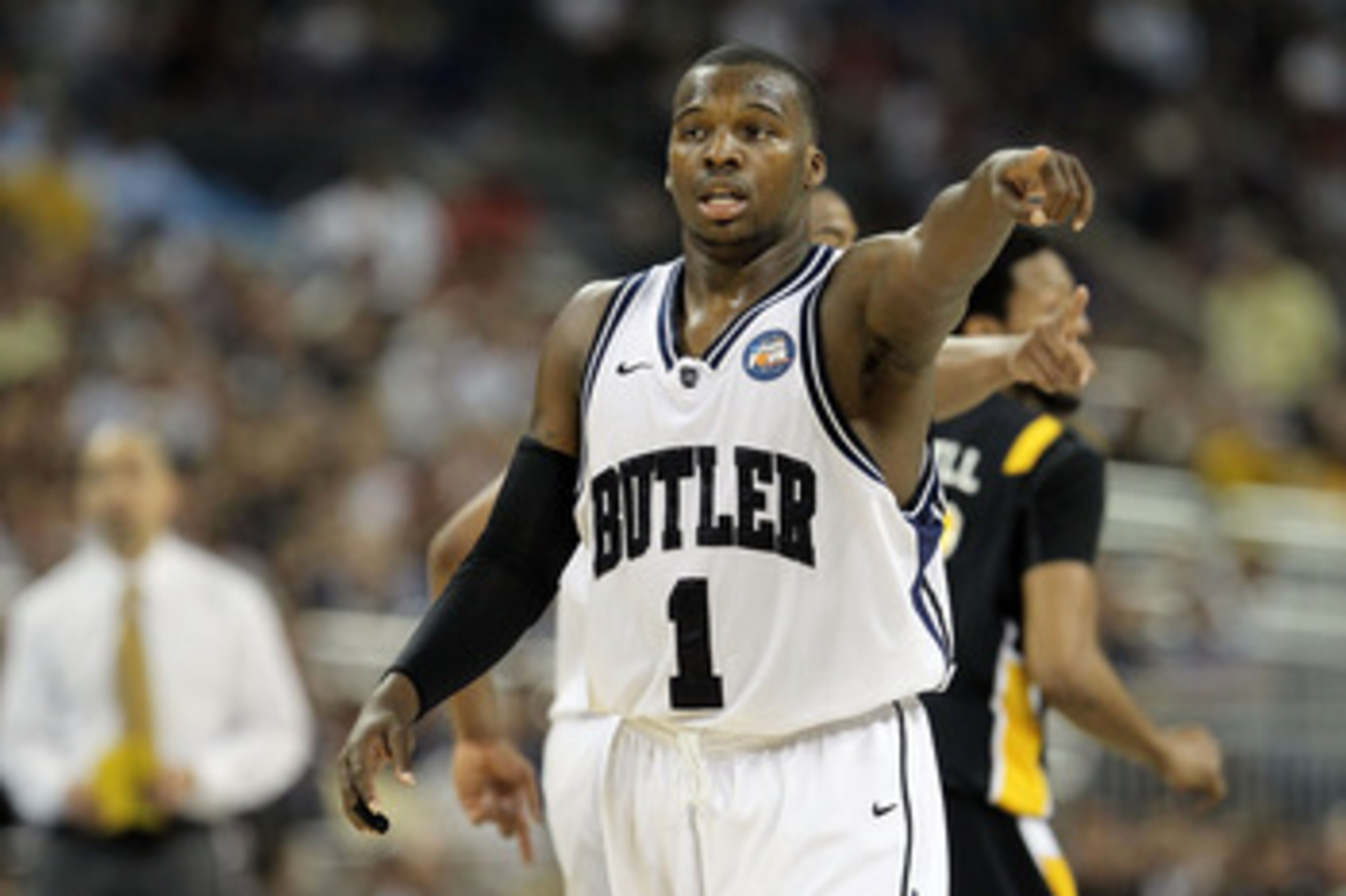 HOUSTON, TX - APRIL 02:  Shelvin Mack #1 of the Butler Bulldogs gestures against the Virginia Commonwealth Rams during the National Semifinal game of the 2011 NCAA Division I Men's Basketball Championship at Reliant Stadium on April 2, 2011 in Houston, Te