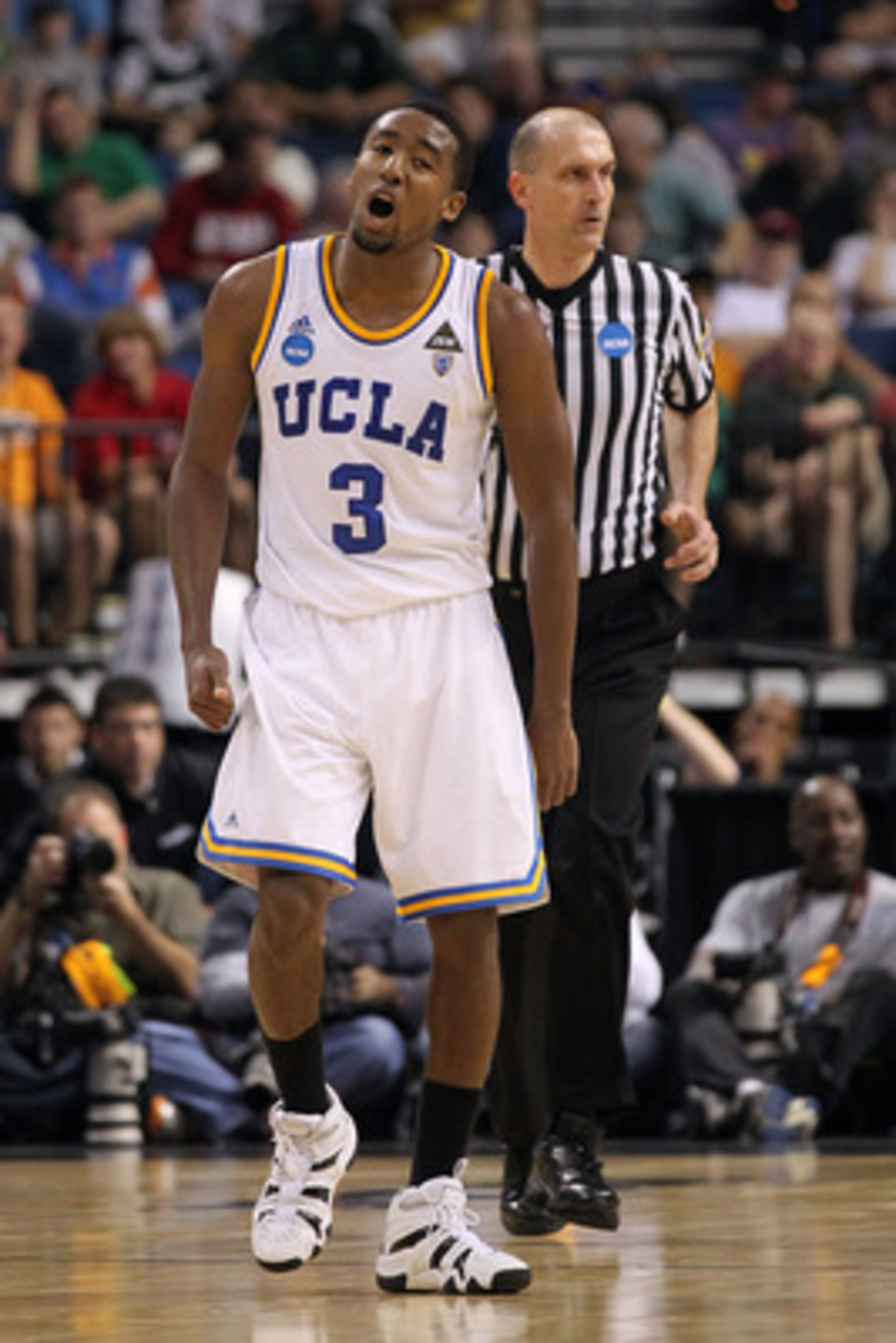 TAMPA, FL - MARCH 17:  Malcolm Lee #3 of the UCLA Bruins reacts against the UCLA Bruins in the second half during the second round of the 2011 NCAA men's basketball tournament at St. Pete Times Forum on March 17, 2011 in Tampa, Florida.  (Photo by Mike Eh