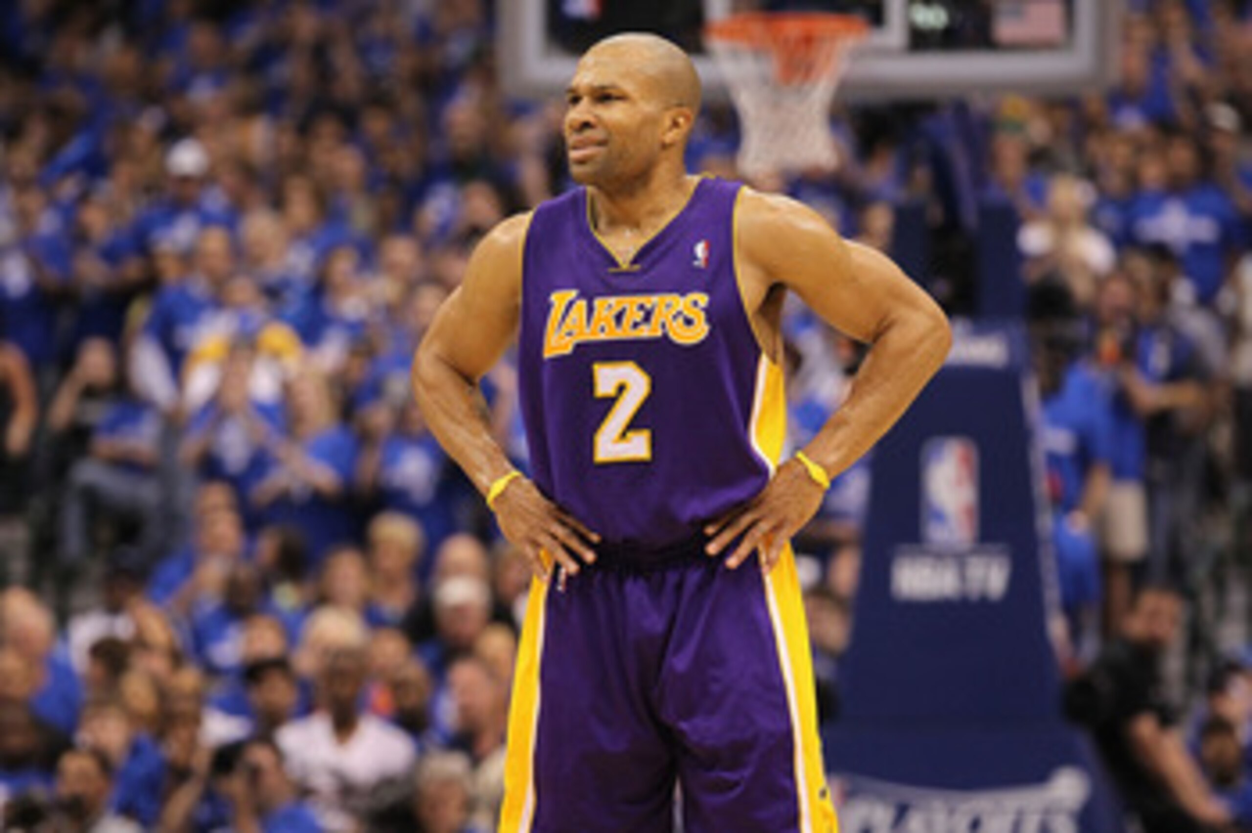 DALLAS, TX - MAY 06:  Guard Derek Fisher #2 of the Los Angeles Lakers reacts against the Dallas Mavericks in Game Three of the Western Conference Semifinals during the 2011 NBA Playoffs on May 6, 2011 at American Airlines Center in Dallas, Texas.  NOTE TO