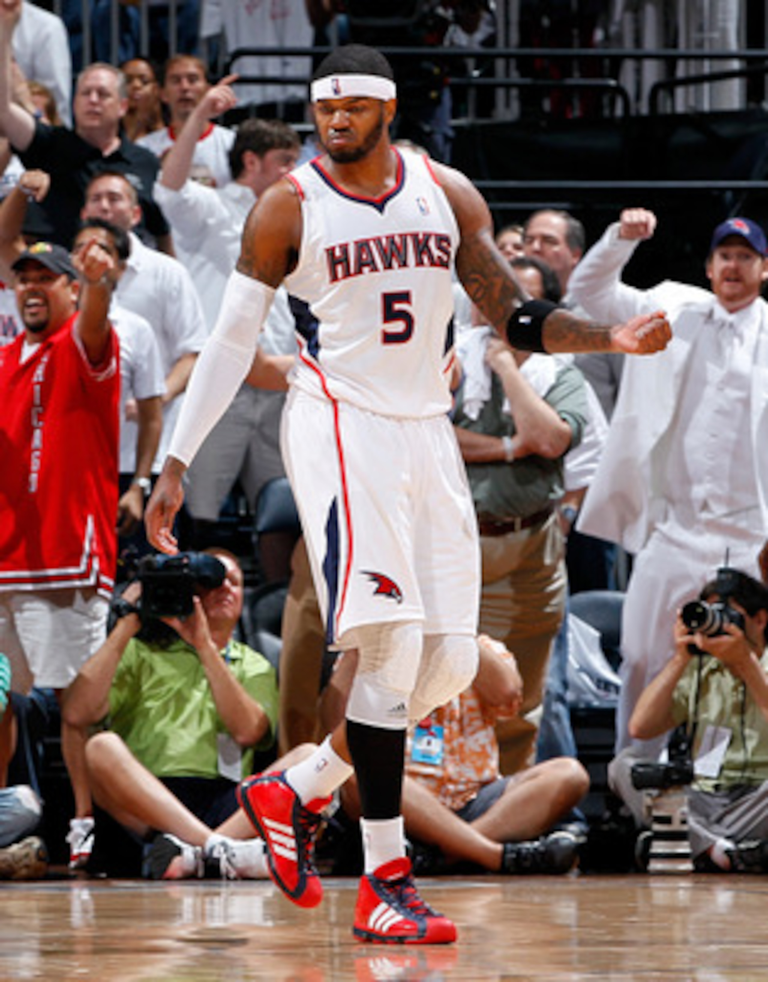 ATLANTA, GA - MAY 12:  Josh Smith #5 of the Atlanta Hawks reacts after drawing a foul after a shot against the Chicago Bulls in Game Six of the Eastern Conference Semifinals in the 2011 NBA Playoffs at Phillips Arena on May 12, 2011 in Atlanta, Georgia.