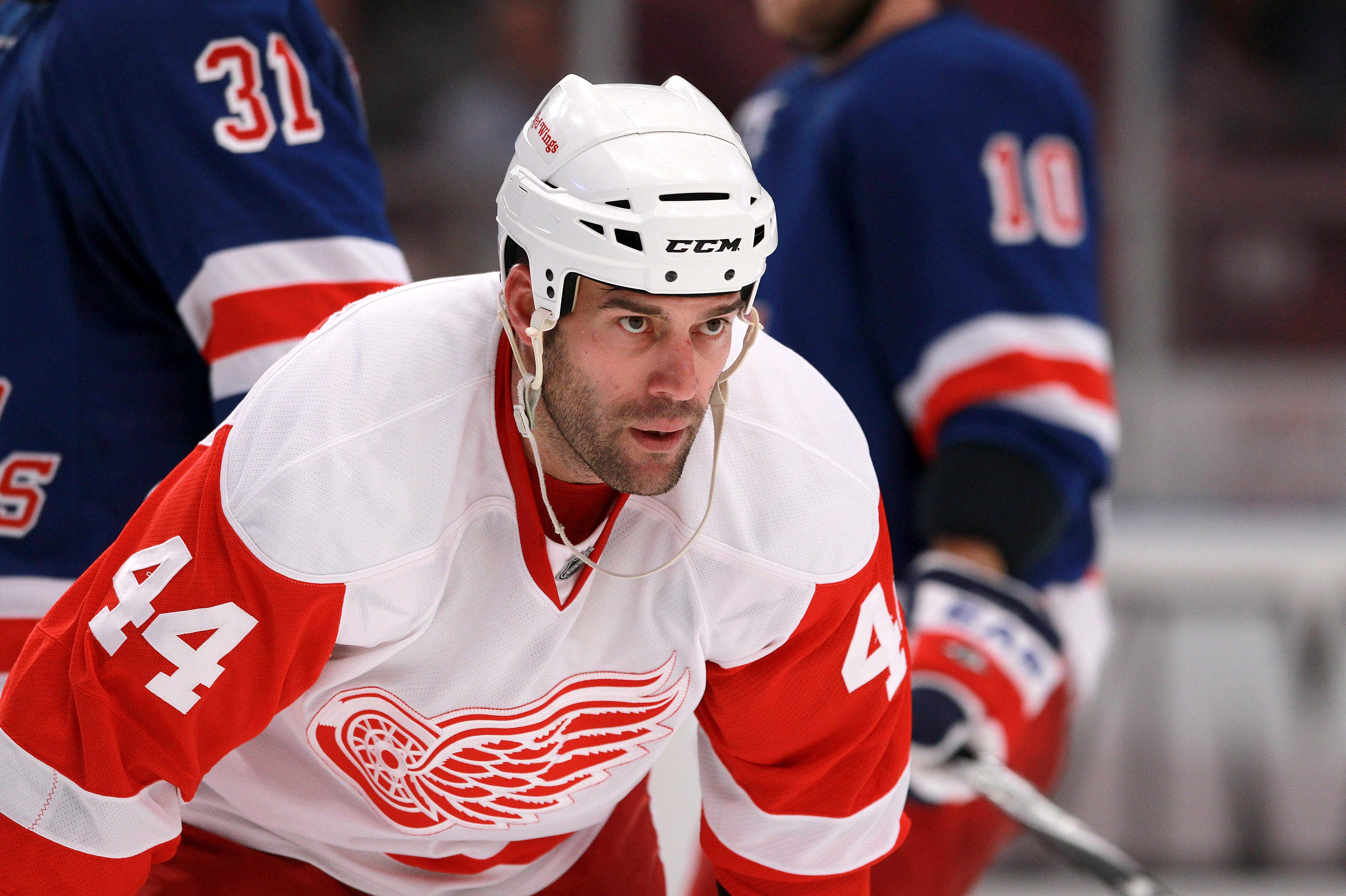 NEW YORK - SEPTEMBER 29: Todd Bertuzzi #44 of the Detroit Red Wings looks on during the game against the New York Rangers at Madison Square Garden on September 29, 2010 in New York City. The Rangers defeated the Red Wings 5-1. (Photo by Bruce Bennett/Gett NEW YORK - SEPTEMBER 29: Todd Bertuzzi #44 of the Detroit Red Wings looks on during the game against the New York Rangers at Madison Square Garden on September 29, 2010 in New York City. The Rangers defeated the Red Wings 5-1. (Photo by Bruce Bennett/Gett