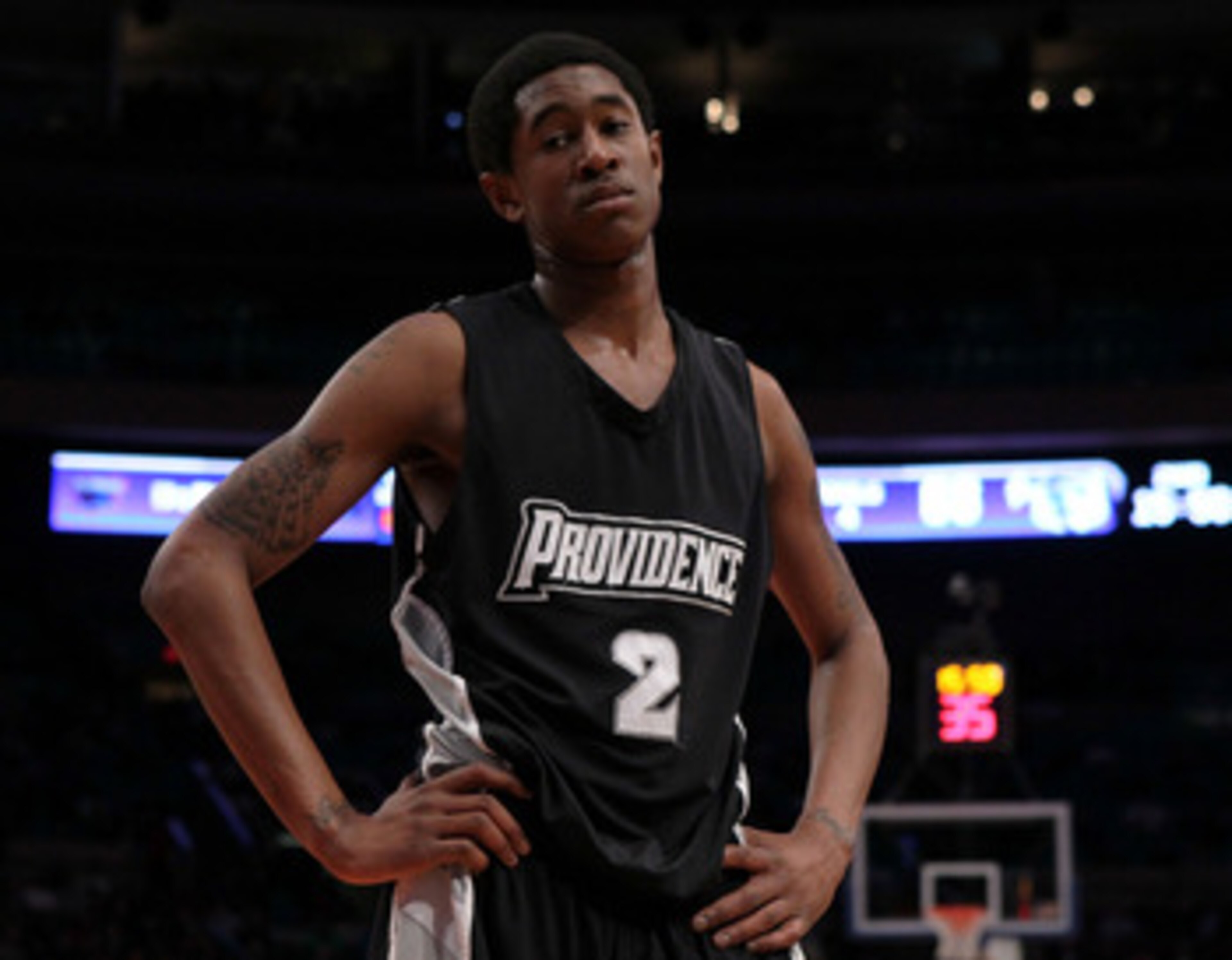 NEW YORK - MARCH 09: Marshon Brooks #2 of the Providence Friars looks on after a play against the Seton Hall Pirates during the first round game of the Big East Basketball Tournament at Madison Square Garden on March 9, 2010 in New York, New York.  (Photo