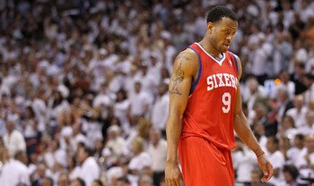 MIAMI, FL - APRIL 27:  Andre Iguodala #9 of the Philadelphia 76ers walks off the floor during game five of the Eastern Conference Quarterfinals in the 2011 NBA Playoffs against the Miami Heat at American Airlines Arena on April 27, 2011 in Miami, Florida.
