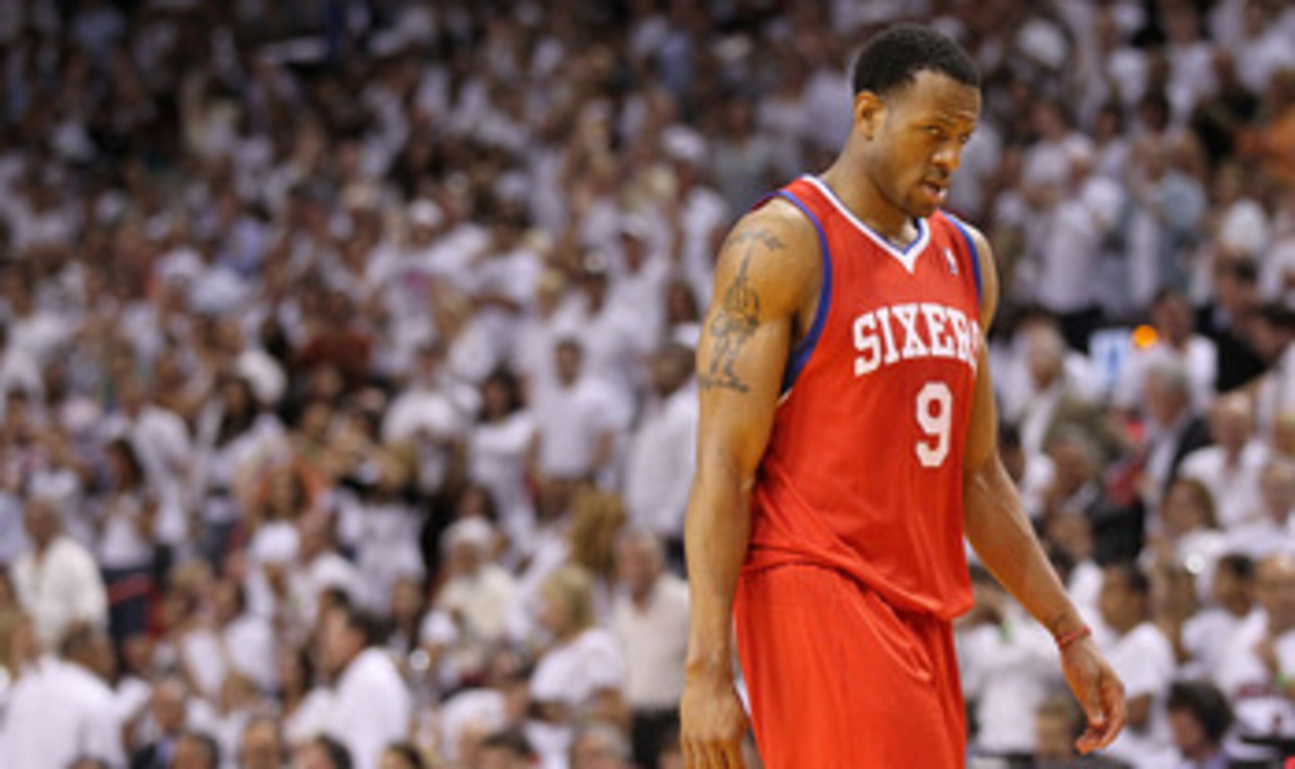MIAMI, FL - APRIL 27:  Andre Iguodala #9 of the Philadelphia 76ers walks off the floor during game five of the Eastern Conference Quarterfinals in the 2011 NBA Playoffs against the Miami Heat at American Airlines Arena on April 27, 2011 in Miami, Florida.