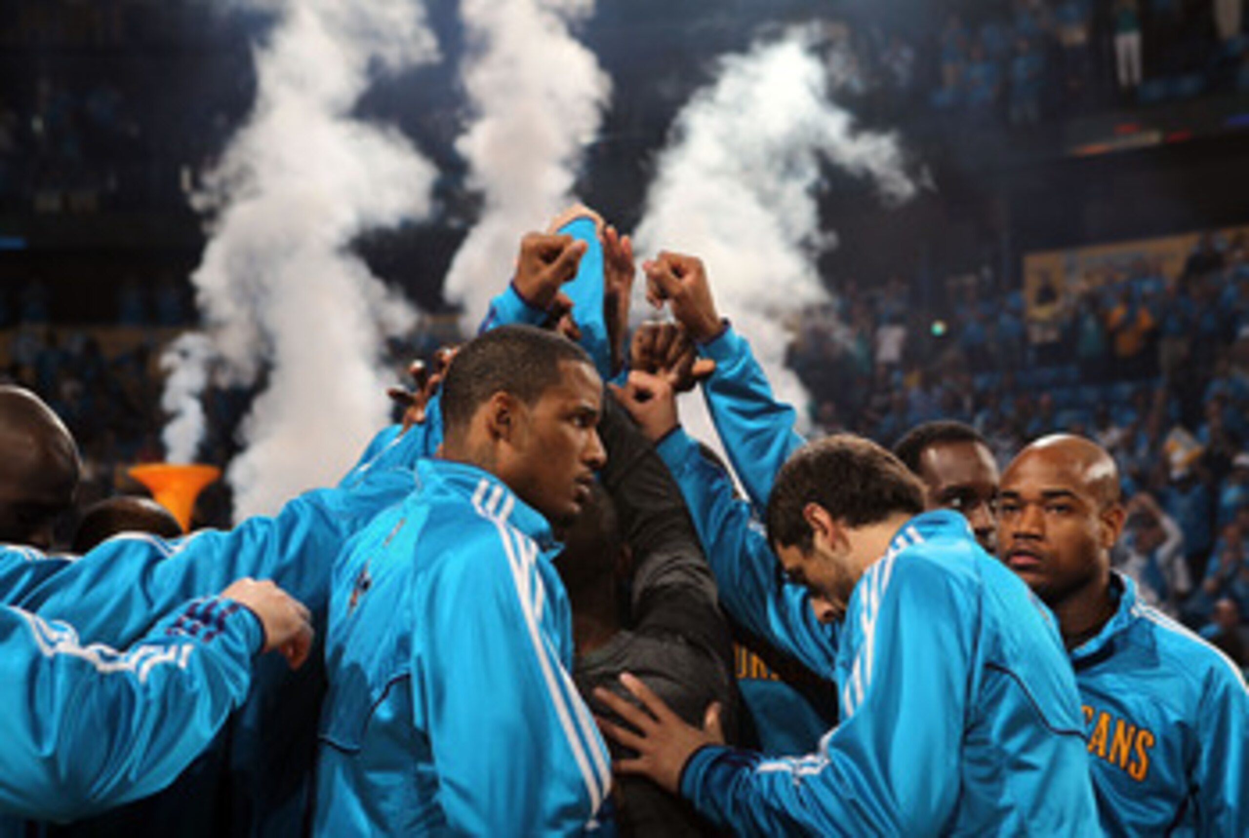 NEW ORLEANS, LA - APRIL 28:  The New Orleans Hornets huddle before a game against the Los Angeles Lakers in Game Six of the Western Conference Quarterfinals in the 2011 NBA Playoffs on April 28, 2011 at New Orleans Arena in New Orleans, Louisiana.  NOTE T
