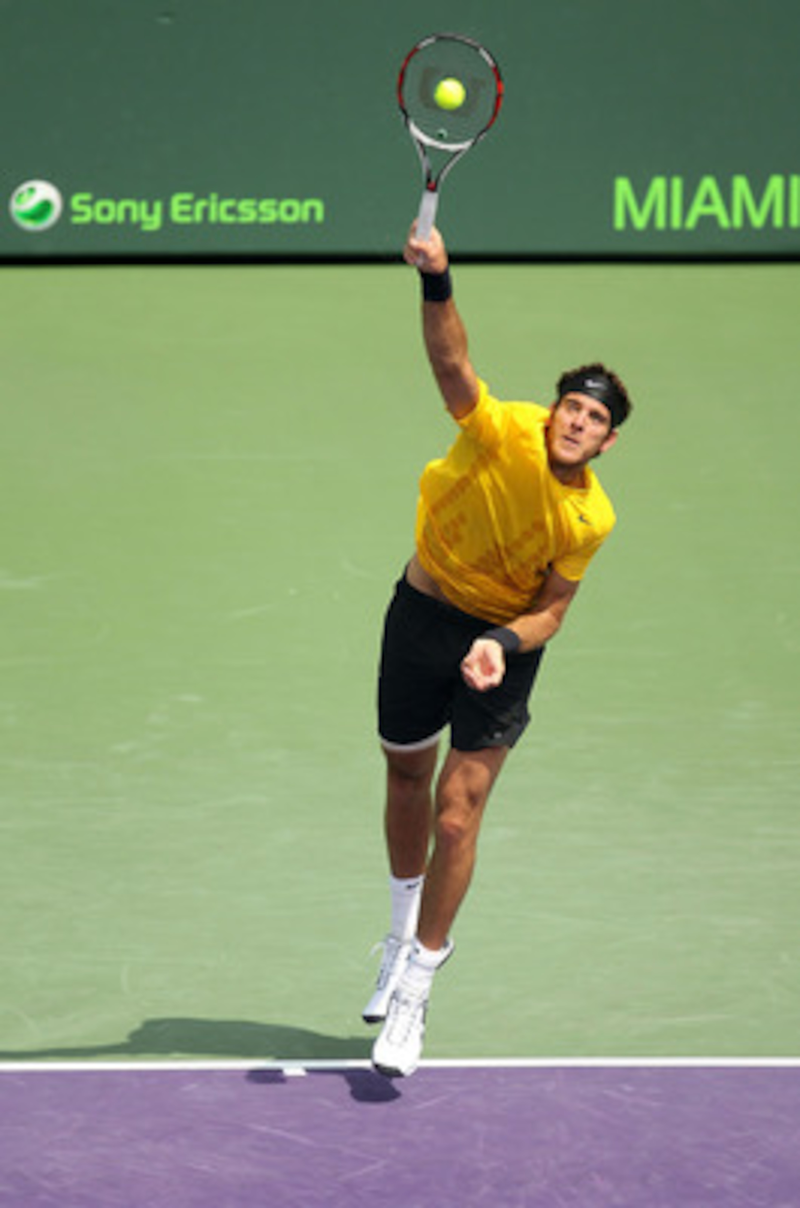 KEY BISCAYNE, FL - MARCH 29:  Juan Martin Del Potro of Argentina serves against Mardy Fish during the Sony Ericsson Open at Crandon Park Tennis Center on March 29, 2011 in Key Biscayne, Florida.  (Photo by Mike Ehrmann/Getty Images)