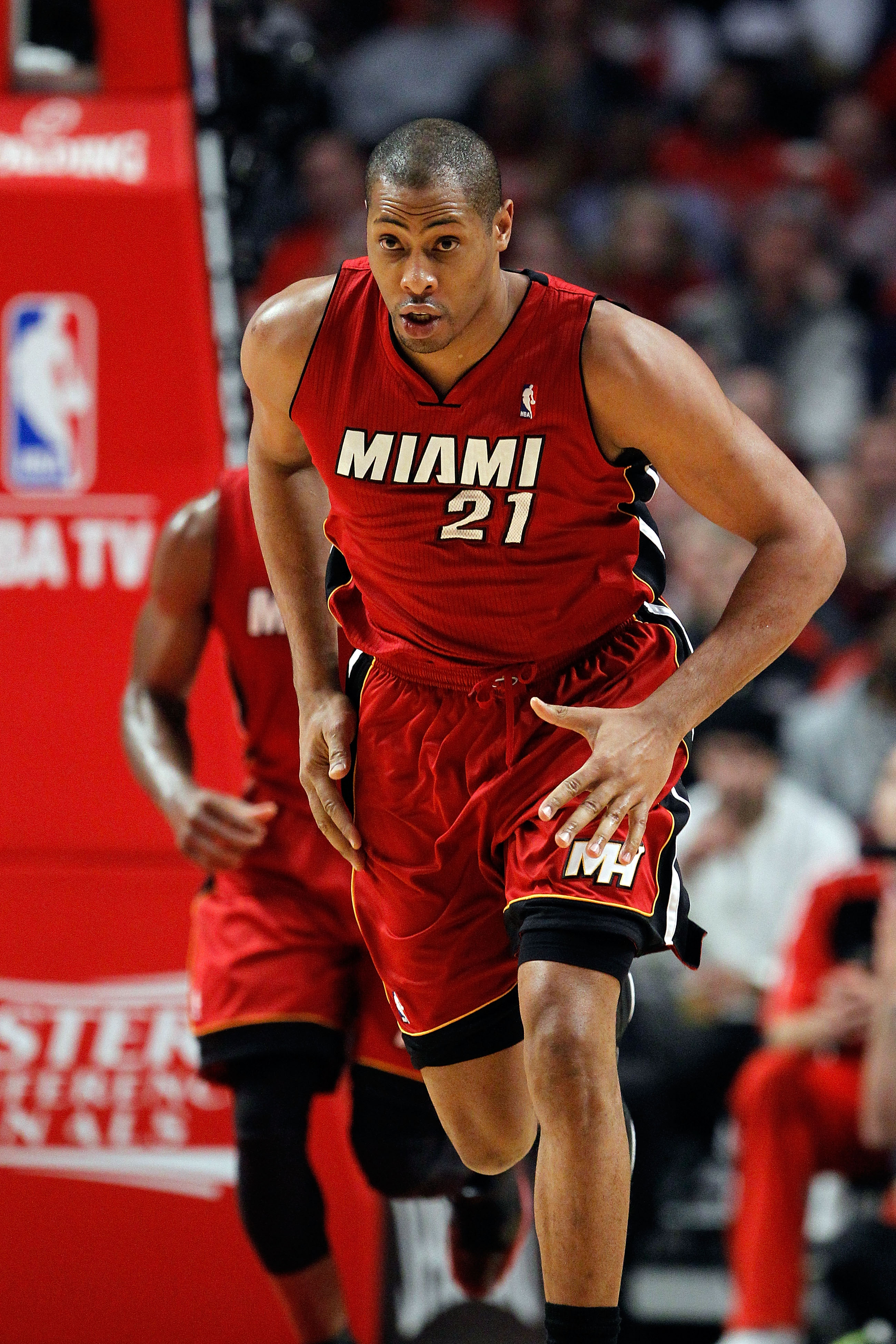 CHICAGO, IL - MAY 18: Jamaal Magloire #21 of the Miami Heat runs back on defense agaisnt the Chicago Bulls in Game Two of the Eastern Conference Finals during the 2011 NBA Playoffs on May 18, 2011 at the United Center in Chicago, Illinois. The Heat won 85
