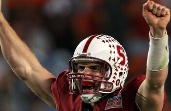 MIAMI, FL - JANUARY 03:  Andrew Luck #12 of the Stanford Cardinal celebrates after he threw a 38-yard touchdown pass in the fourth quarter against the Virginai Tech Hokies during the 2011 Discover Orange Bowl at Sun Life Stadium on January 3, 2011 in Miam