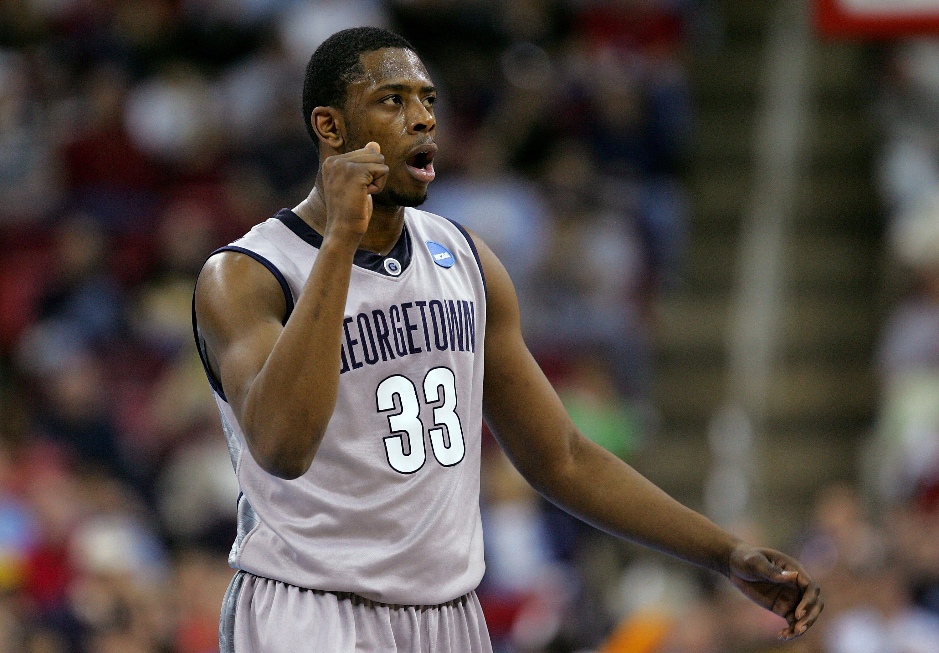 RALEIGH, NC - MARCH 21:  Patrick Ewing, Jr. #33 of the Georgetown Hoyas reacts to a call made during their game against the UMBC Retrievers in the first round of the 2008 NCAA Men's Basketball Tournament Midwest Regional at RBC Center March 21, 2008 in Ra