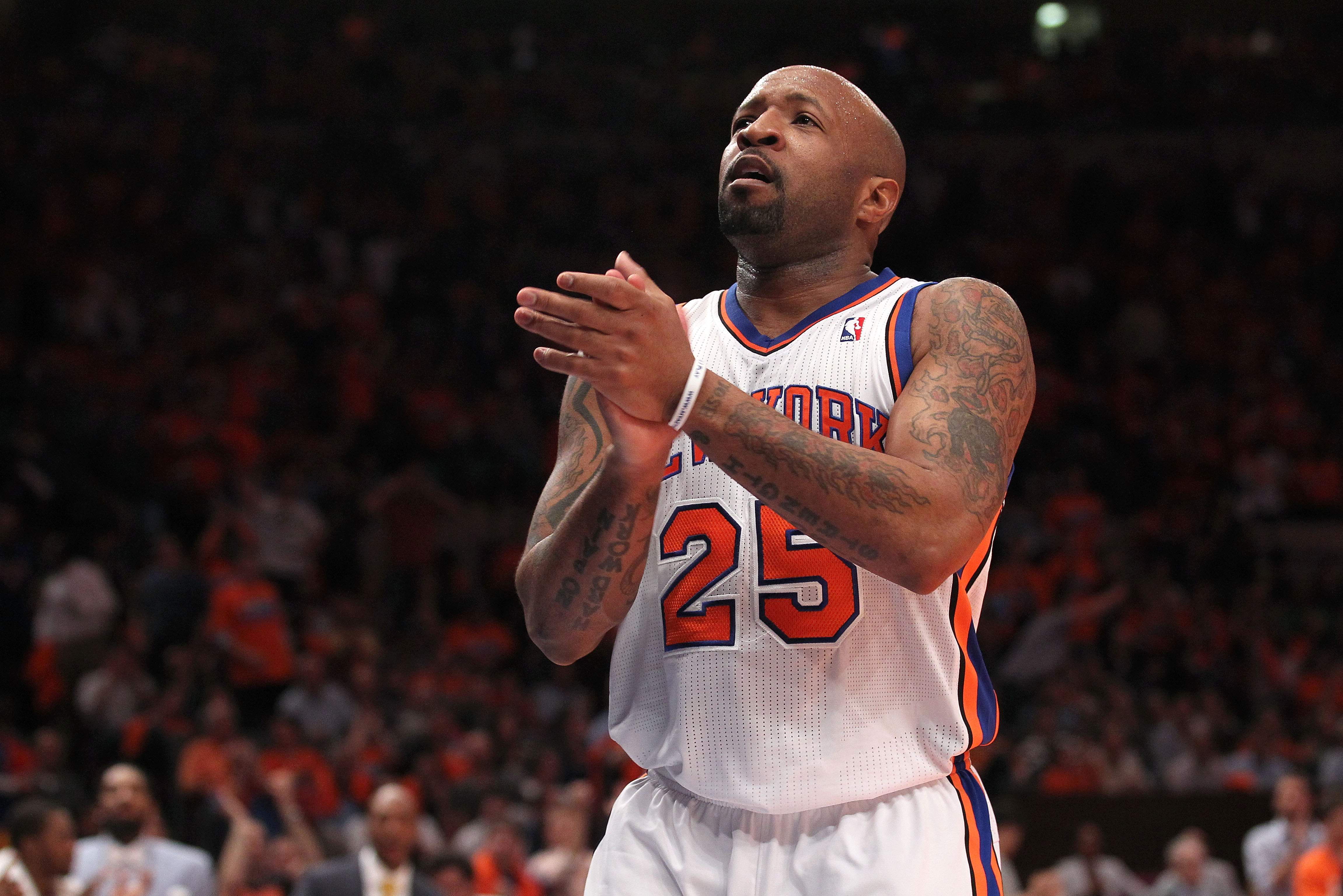 NEW YORK, NY - APRIL 24:  Anthony Carter #25 of the New York Knicks reacts against the Boston Celtics in Game Four of the Eastern Conference Quarterfinals during the 2011 NBA Playoffs on April 24, 2011 at Madison Square Garden in New York City. The Celtic