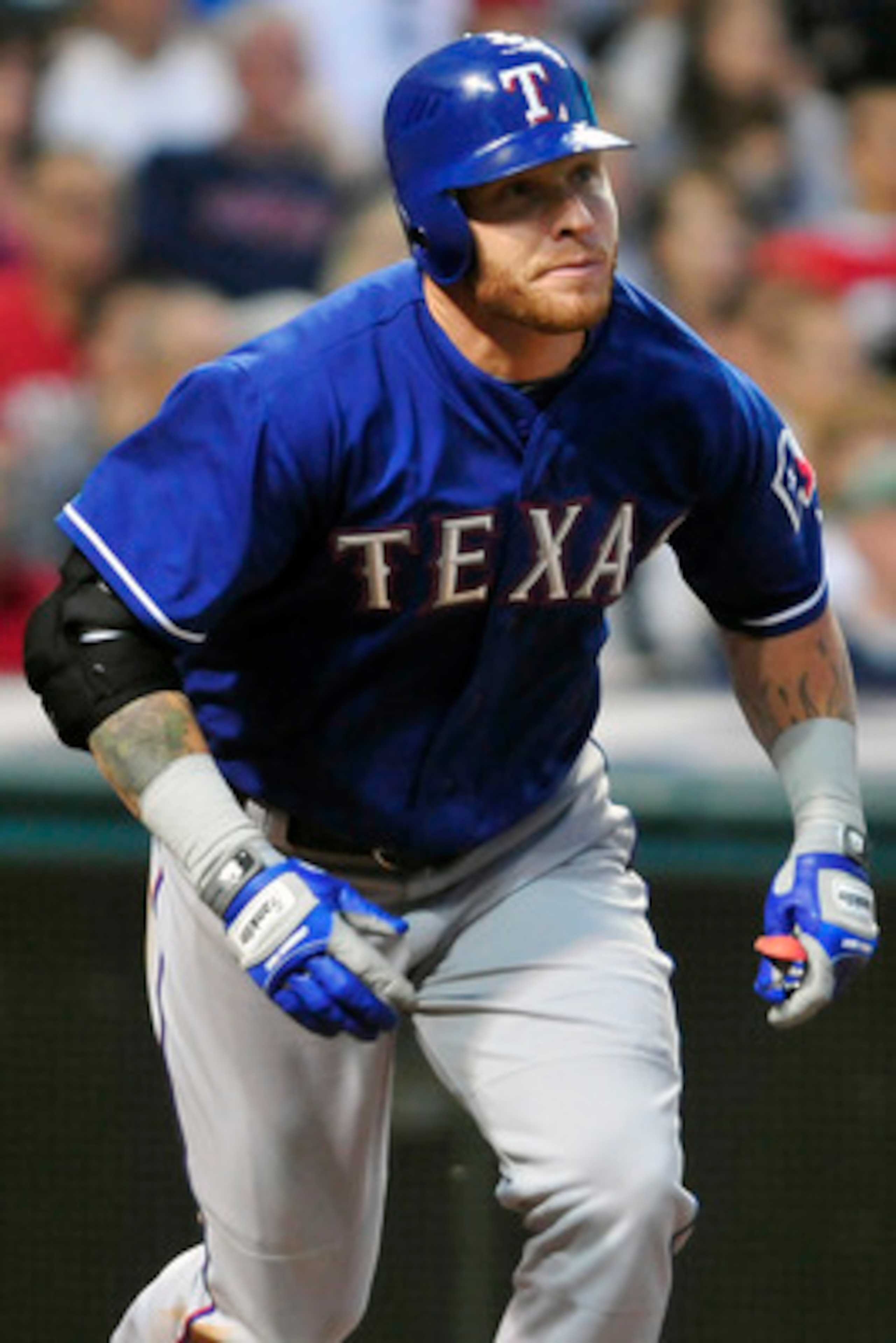 CLEVELAND, OH - JUNE 3: Josh Hamilton #32 of the Texas Rangers watches a three run home run during the seventh inning against the Cleveland Indians at Progressive Field on June 3, 2011 in Cleveland, Ohio.  (Photo by Jason Miller/Getty Images)