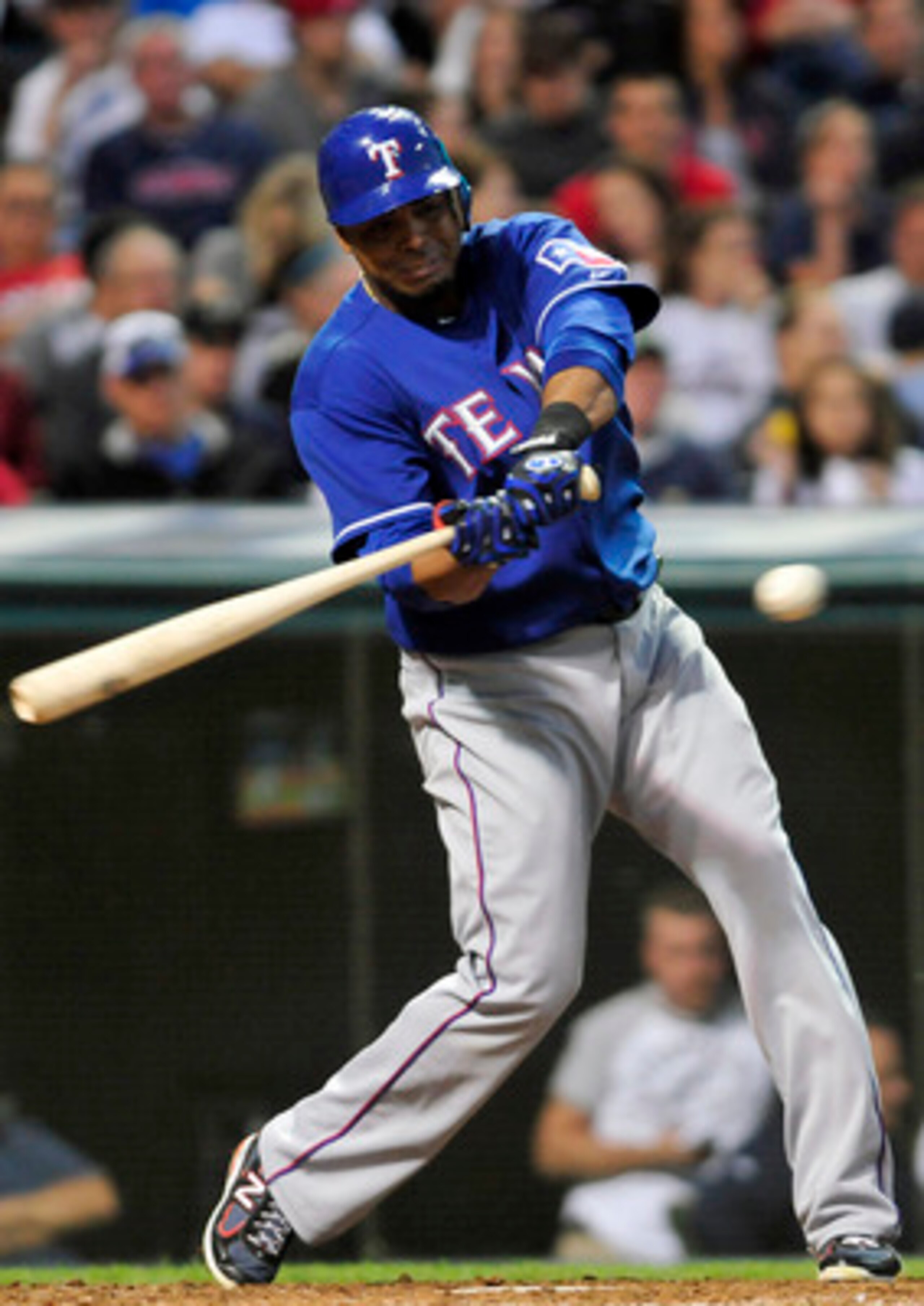 CLEVELAND, OH - JUNE 3: Nelson Cruz #17 of the Texas Rangers hits a two run home run during the seventh inning against the Cleveland Indians at Progressive Field on June 3, 2011 in Cleveland, Ohio.  (Photo by Jason Miller/Getty Images)