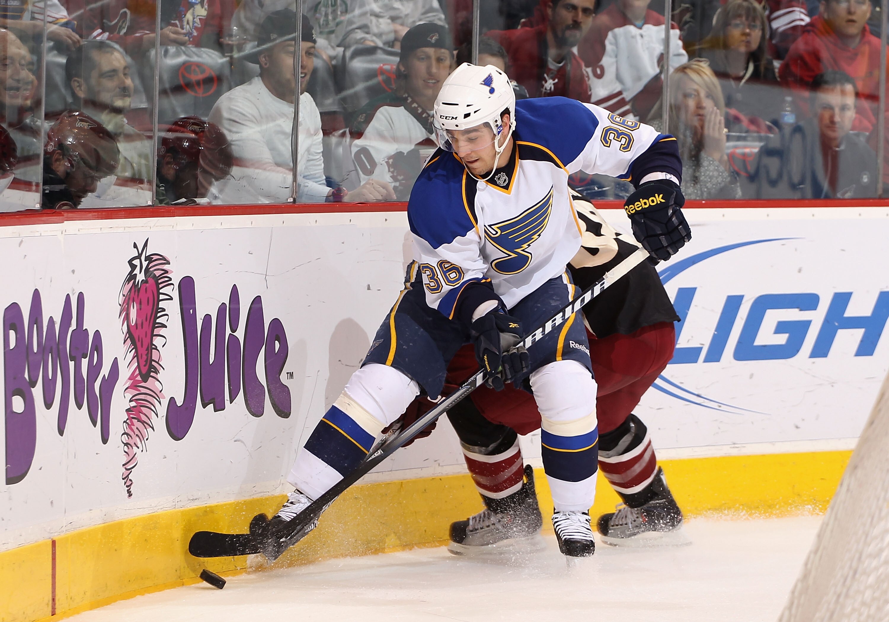 GLENDALE, AZ - MARCH 22:  Matt D'Agostini #36 of the St. Louis Blues skates with the puck during the NHL game against the Phoenix Coyotes at Jobing.com Arena on March 22, 2011 in Glendale, Arizona.  The Coyotes defeated the Blues 2-1.  (Photo by Christian