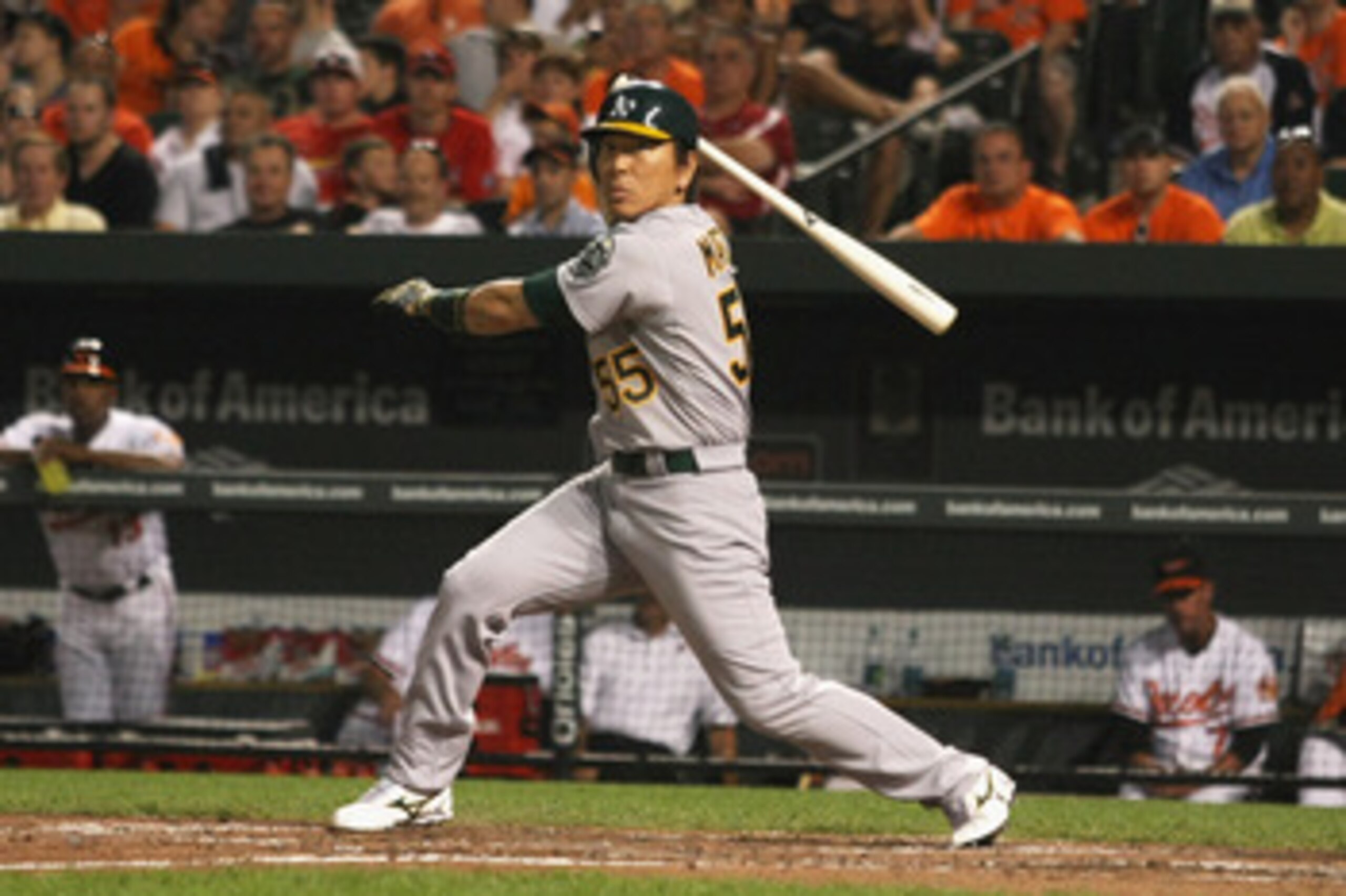 BALTIMORE, MD - JUNE 07: Hideki Matsui #55 of the Oakland Athletics fouls off a pitch during the seventh inning against the Baltimore Orioles at Oriole Park at Camden Yards on June 7, 2011 in Baltimore, Maryland. The Baltimore Orioles defeated the Oakland