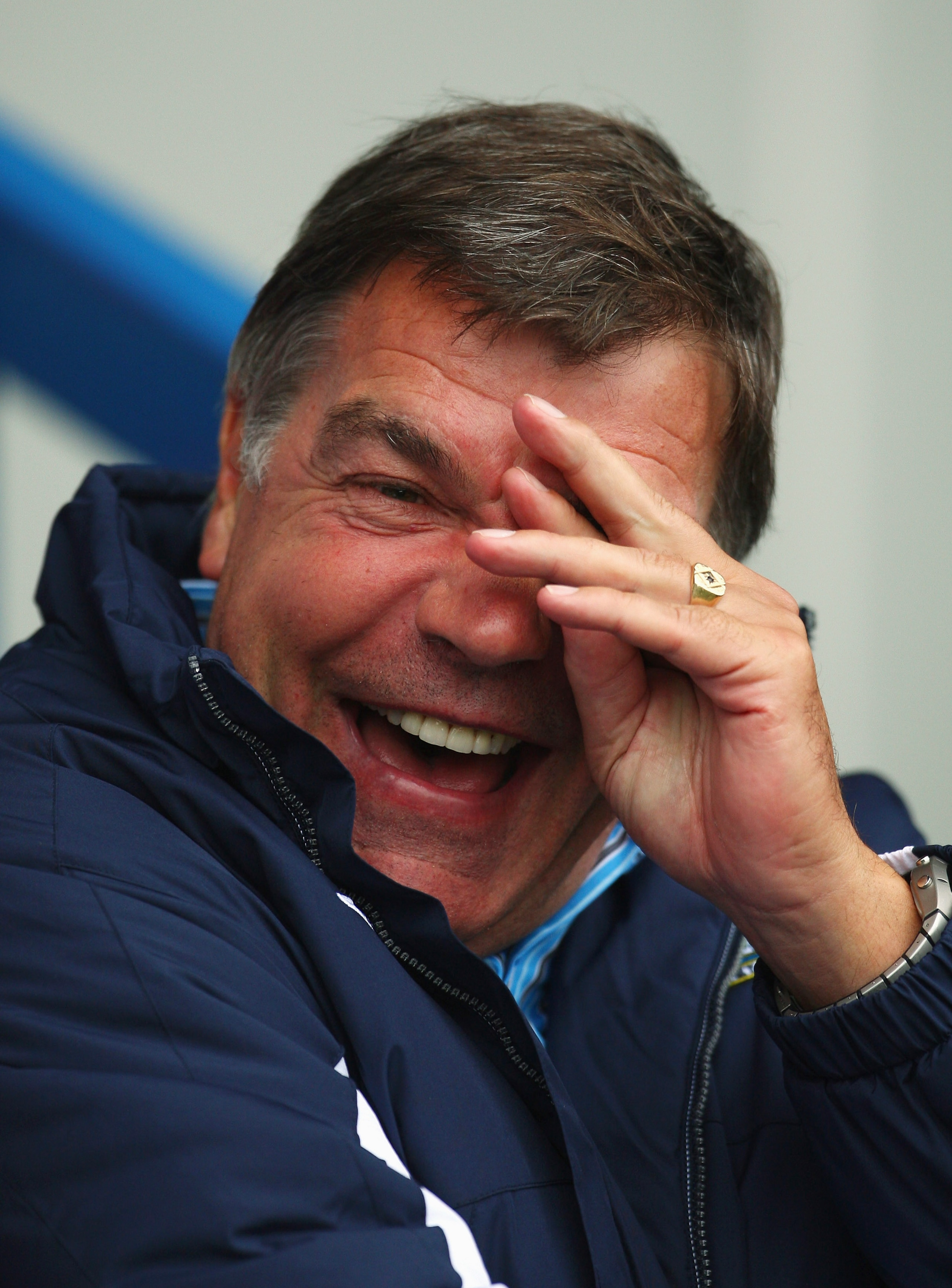 SHEFFIELD, ENGLAND - AUGUST 01:  Sam Allardyce the manager of Blackburn Rovers enjoys a joke before a Pre Season Friendly match between Sheffield Wednesday and Blackburn Rovers at the Hillsborough Stadium on August 1, 2009 in Sheffield, England.  (Photo b