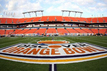 MIAMI, FL - JANUARY 03:  A detail view of the Orange Bowl logo on the 50 yard line is seen in the stadium prior to the Stanford Cardinal playing against the Virginai Tech Hokies during the 2011 Discover Orange Bowl at Sun Life Stadium on January 3, 2011 i