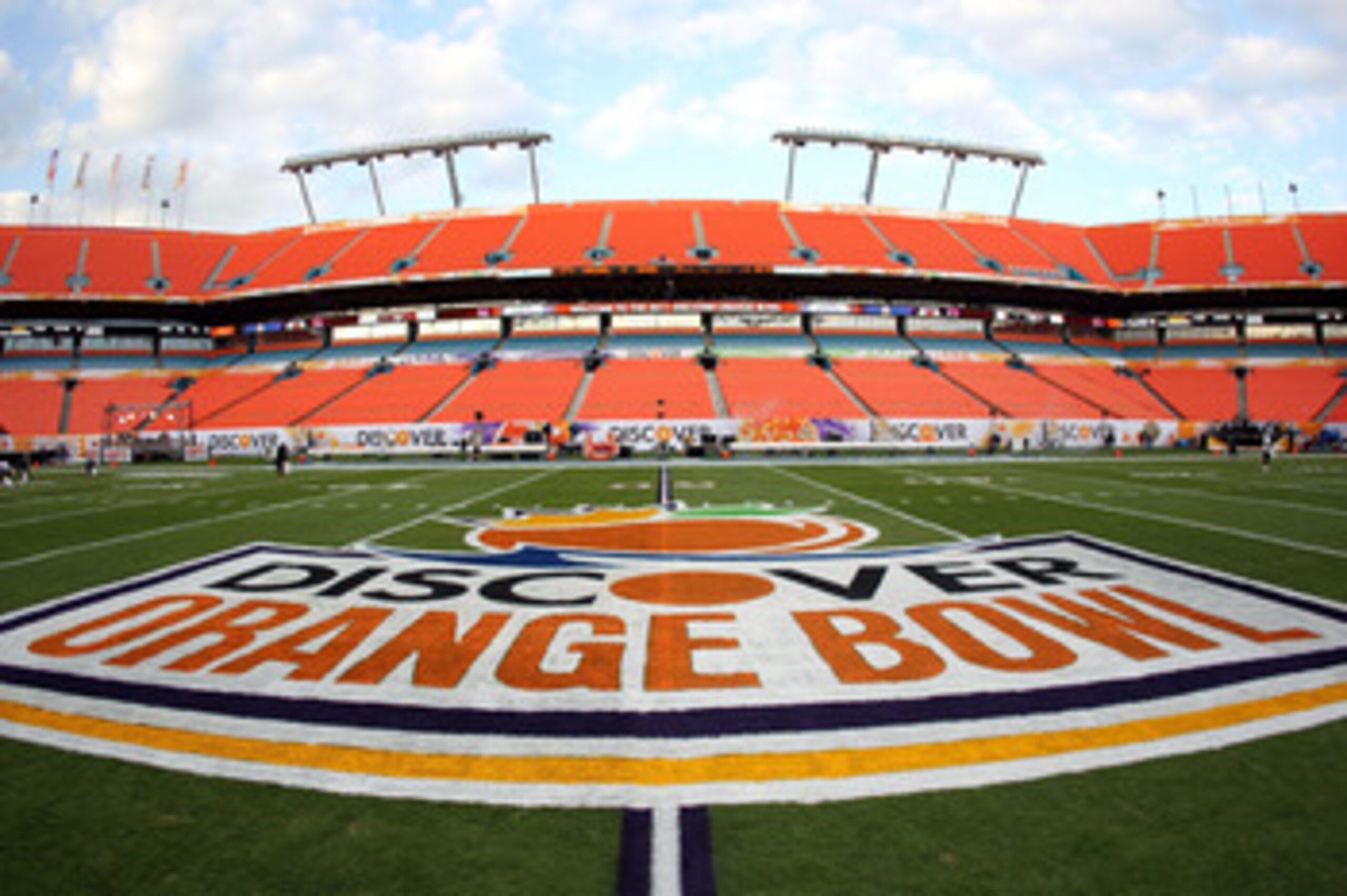 MIAMI, FL - JANUARY 03:  A detail view of the Orange Bowl logo on the 50 yard line is seen in the stadium prior to the Stanford Cardinal playing against the Virginai Tech Hokies during the 2011 Discover Orange Bowl at Sun Life Stadium on January 3, 2011 i
