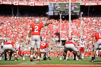 COLUMBUS, OH - OCTOBER 9:  Quarterback Terrelle Pryor #2 of the Ohio State Buckeyes calls a play against the Indiana Hoosiers at Ohio Stadium on October 9, 2010 in Columbus, Ohio.  (Photo by Jamie Sabau/Getty Images)
