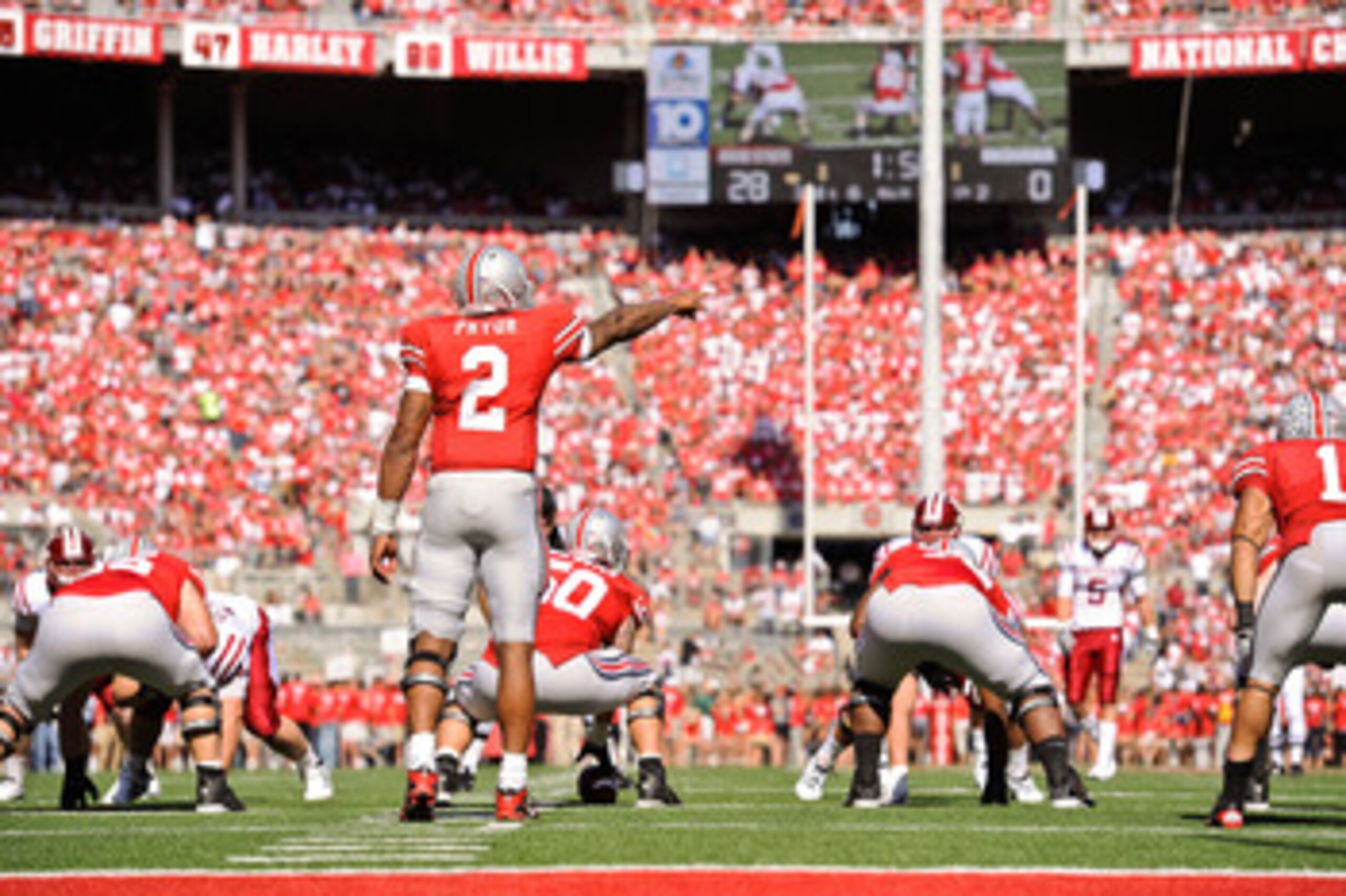 COLUMBUS, OH - OCTOBER 9:  Quarterback Terrelle Pryor #2 of the Ohio State Buckeyes calls a play against the Indiana Hoosiers at Ohio Stadium on October 9, 2010 in Columbus, Ohio.  (Photo by Jamie Sabau/Getty Images)