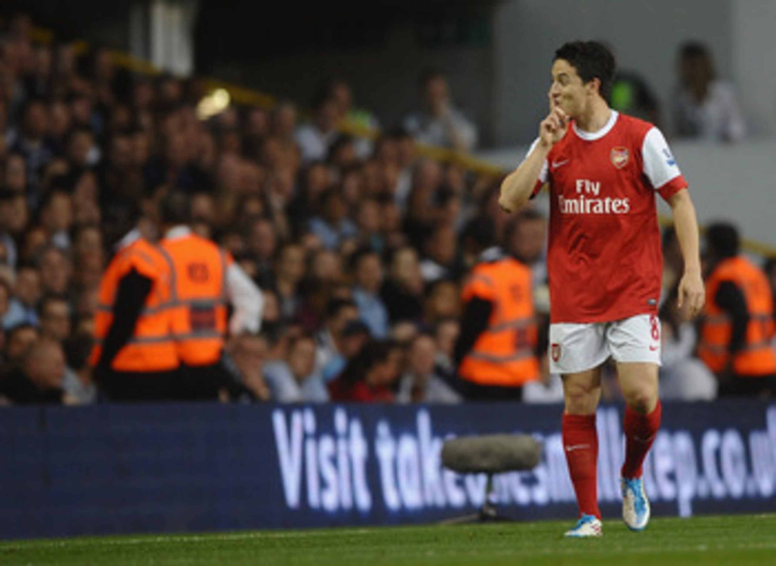 LONDON, ENGLAND - APRIL 20: Samir Nasri of Arsenal gestures to the Spurs fans after scoring their second goal during the Barclays Premier League match between Tottenham Hotspur and Arsenal at White Hart Lane on April 20, 2011 in London, England. (Photo LONDON, ENGLAND - APRIL 20: Samir Nasri of Arsenal gestures to the Spurs fans after scoring their second goal during the Barclays Premier League match between Tottenham Hotspur and Arsenal at White Hart Lane on April 20, 2011 in London, England. (Photo