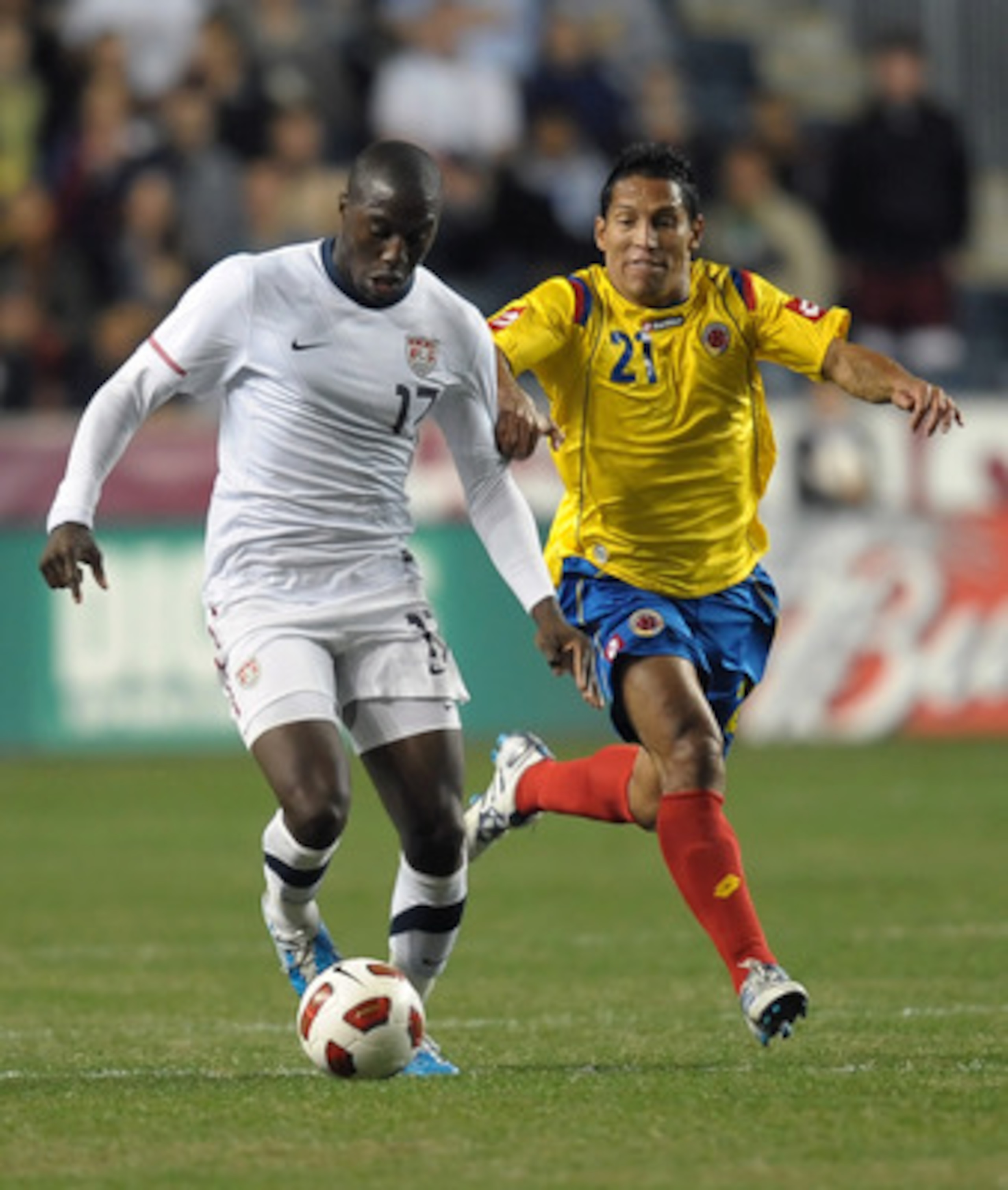 CHESTER, PA - OCTOBER 12: Jozy Altidore #17 of the United States is chased by John Javier Restrepo #21 of Colombia at PPL Park on October 12, 2010 in Chester, Pennsylvania. The game ended in a 0-0 tie. (Photo by Drew Hallowell/Getty Images)