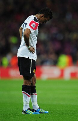 LONDON, ENGLAND - MAY 28:  Luis Nani of Manchester United looks dejected after defeat during the UEFA Champions League final between FC Barcelona and Manchester United FC at Wembley Stadium on May 28, 2011 in London, England.  (Photo by Shaun Botterill/Ge